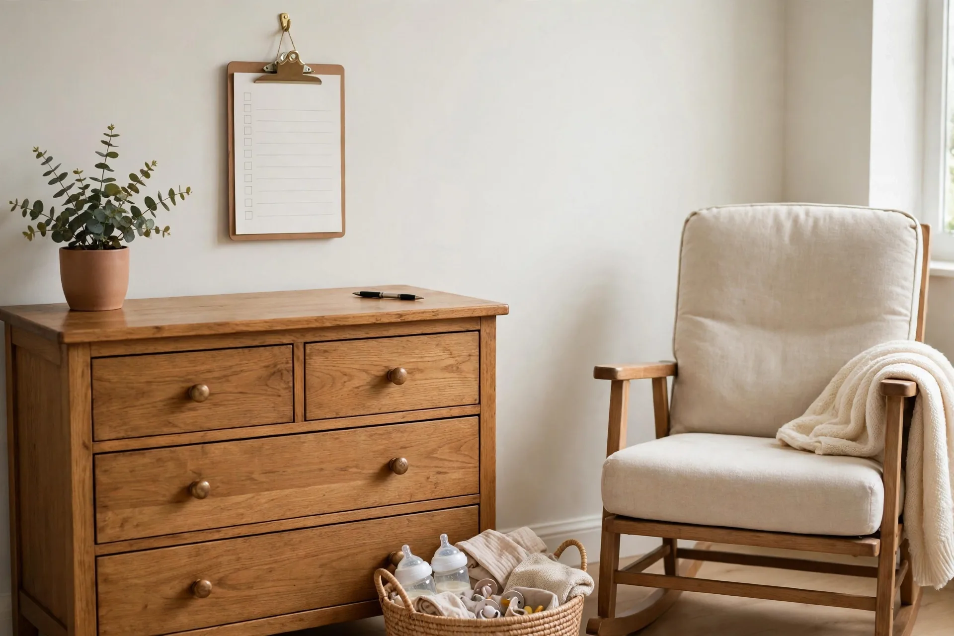 A simple feeding and sleep log on a clipboard hanging on a nursery dresser
