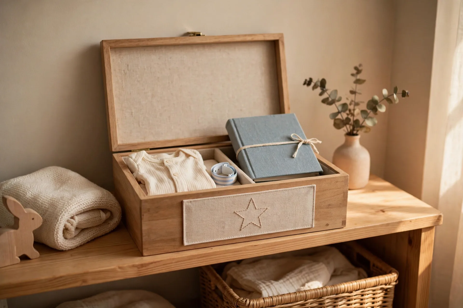A labeled keepsake box on a nursery shelf holding a tiny first outfit and a small photo album