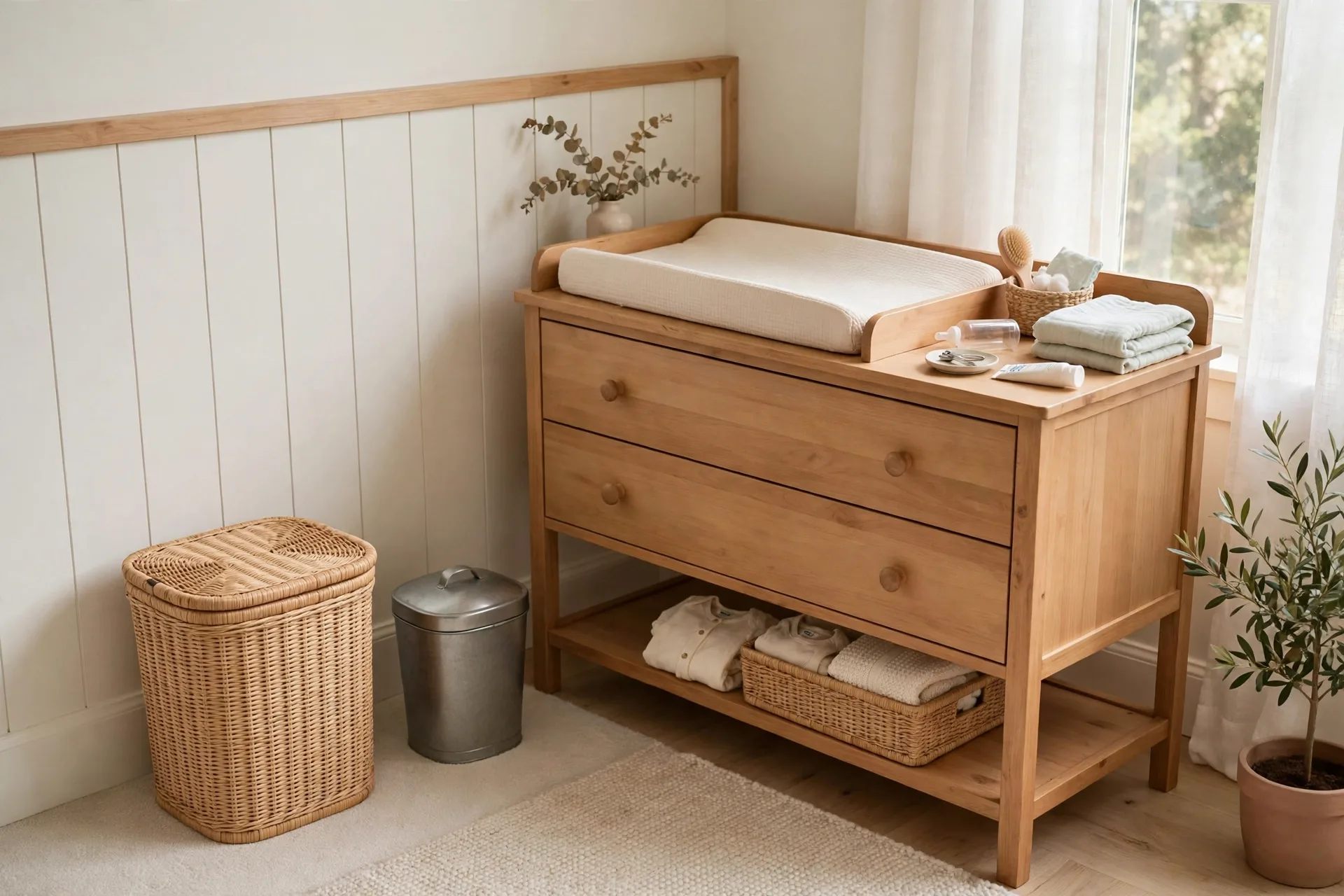 A small lidded laundry hamper and trash bin beside a nursery dresser at the changing station