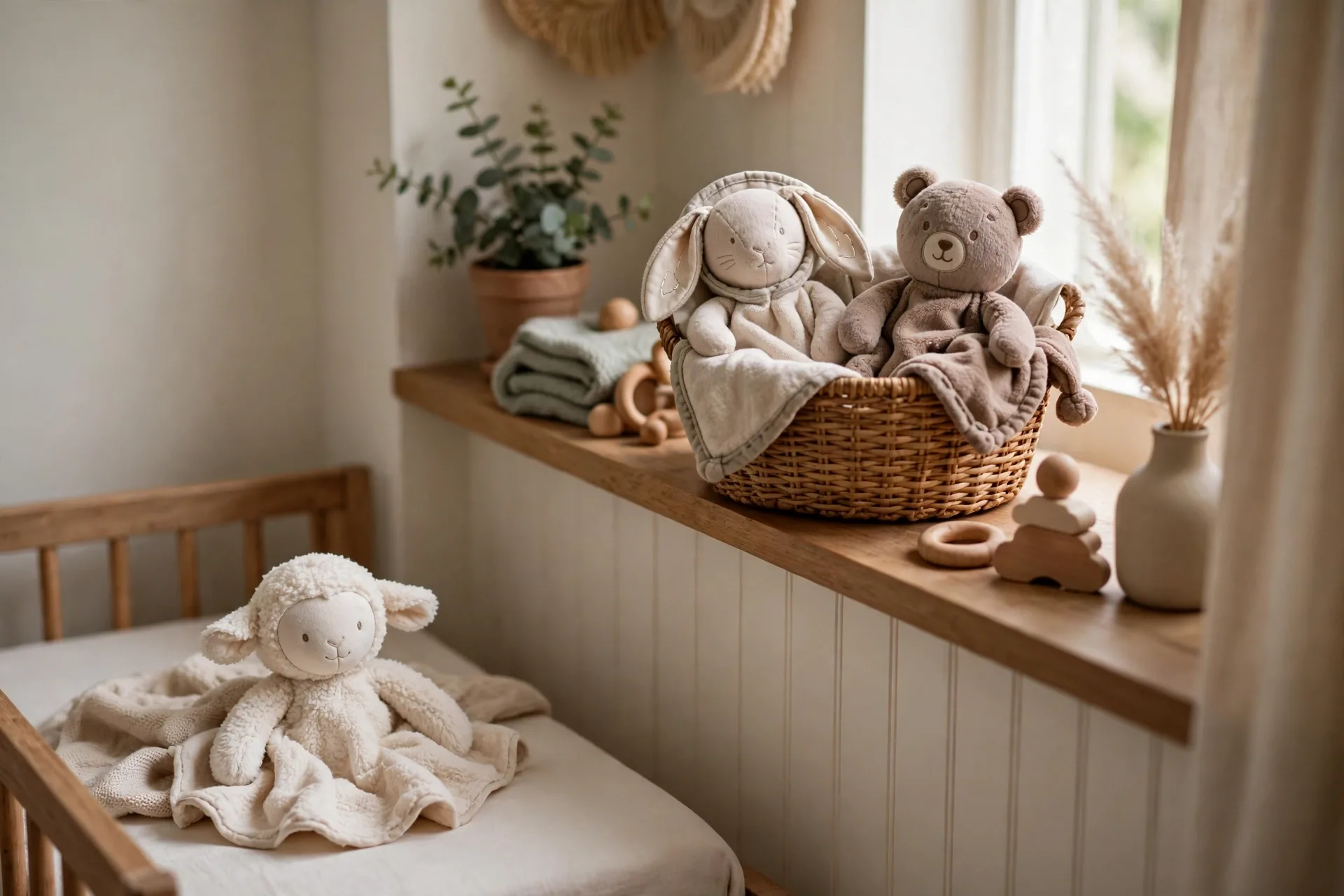 A small woven basket in a nursery holding soft baby comfort toys