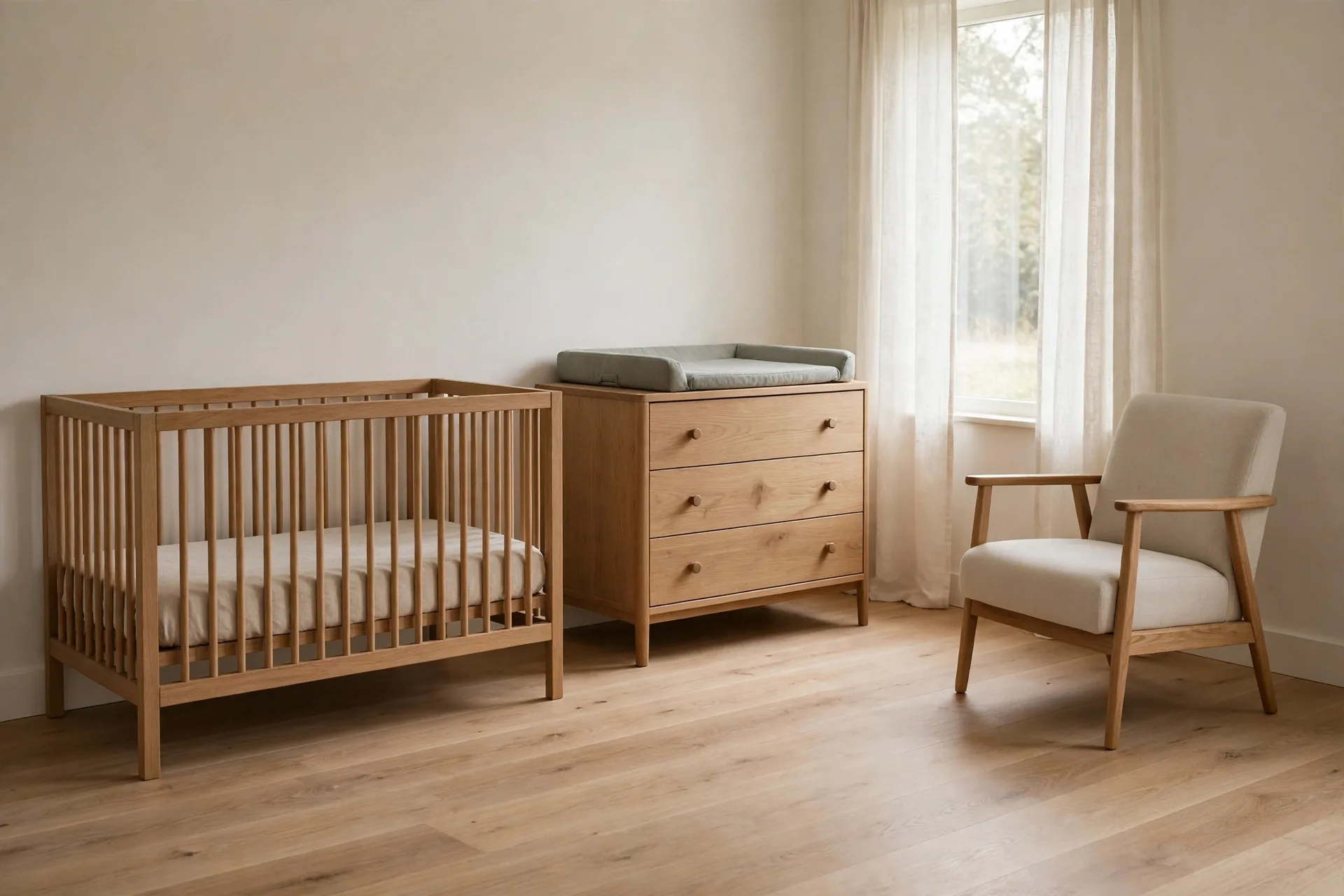 A minimalist nursery with only the essentials, a safe crib, a changing spot and a feeding chair