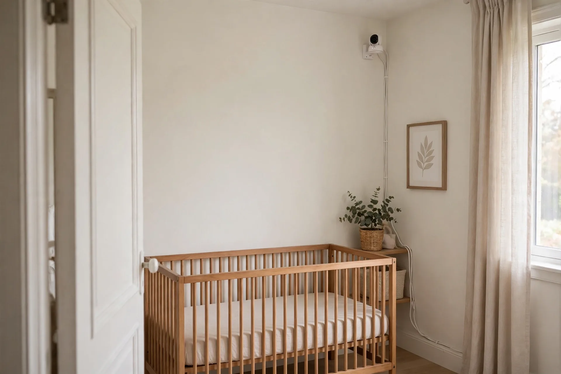 A small white baby monitor mounted high on a nursery wall where it can be seen from the doorway