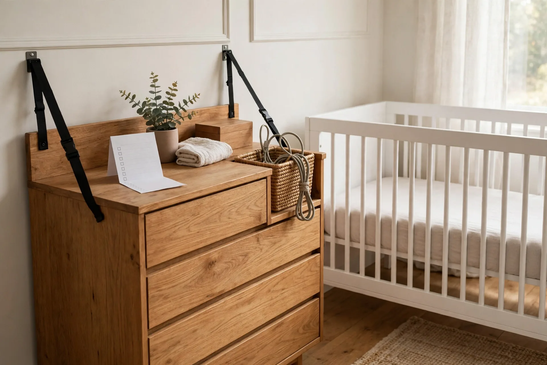 A nursery dresser with anti-tip anchoring straps being checked, a crib with fitted sheet only nearby