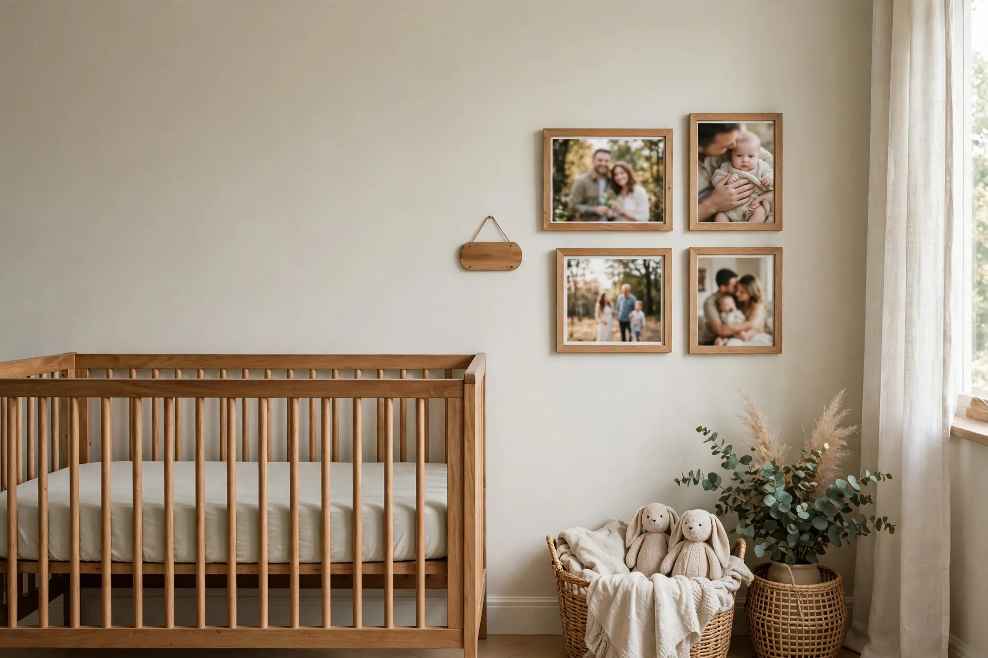 A nursery wall beside the crib with a small wooden name plaque and family photos, the wall above the crib empty