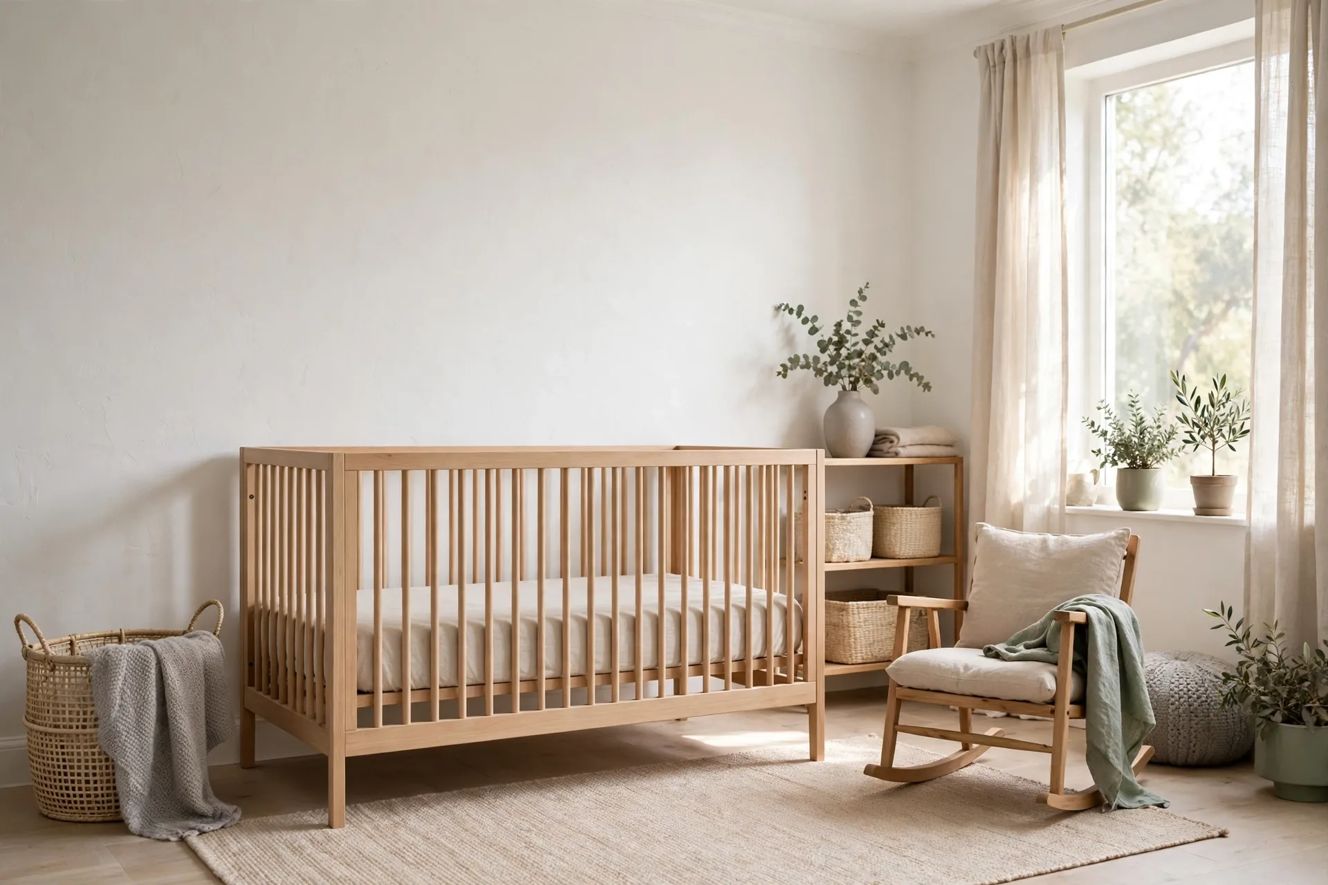 A calm nursery with warm white walls, soft beige textiles and gentle gray and sage accents