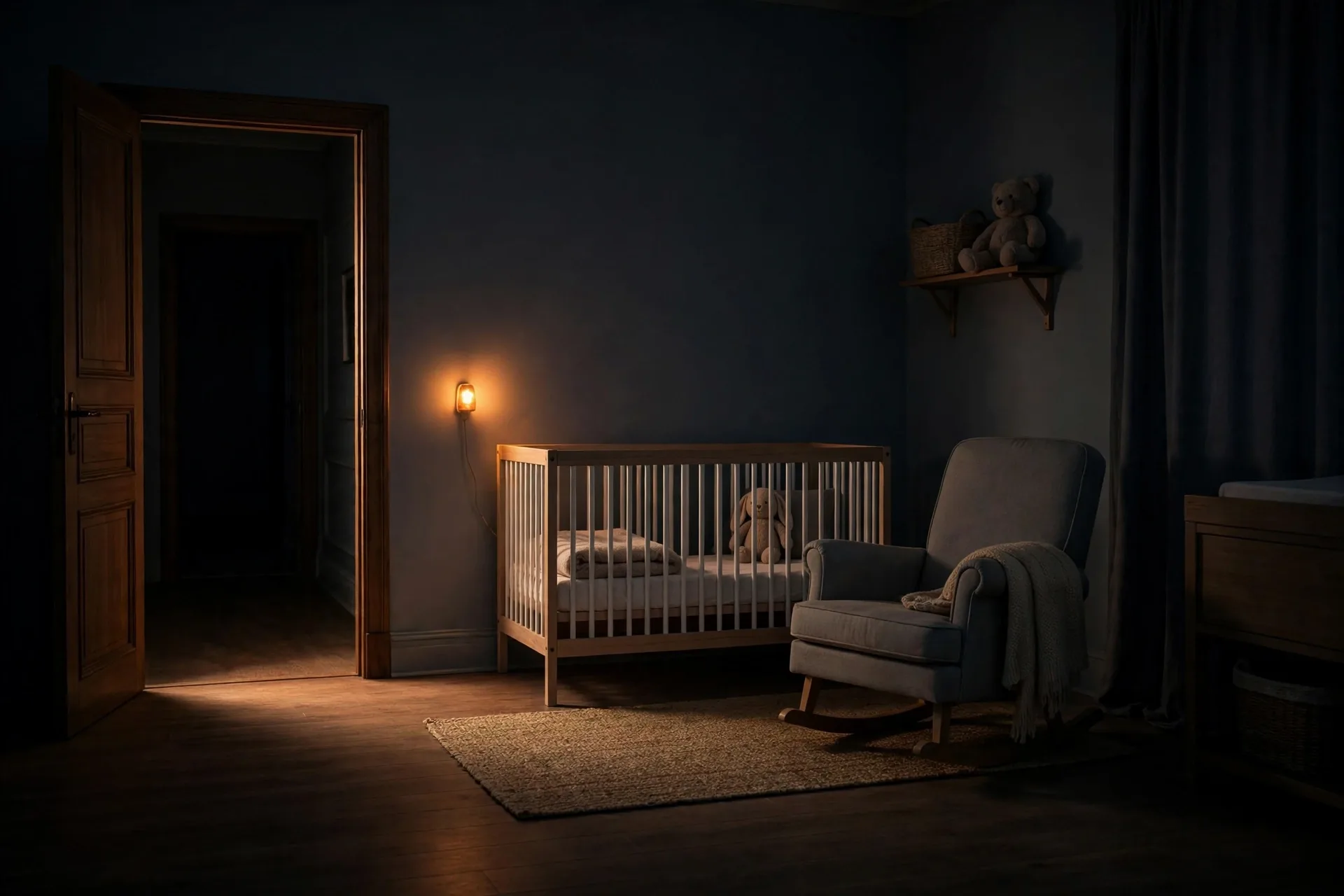 A dim nursery at night lit by one small warm amber night light glowing on the wall
