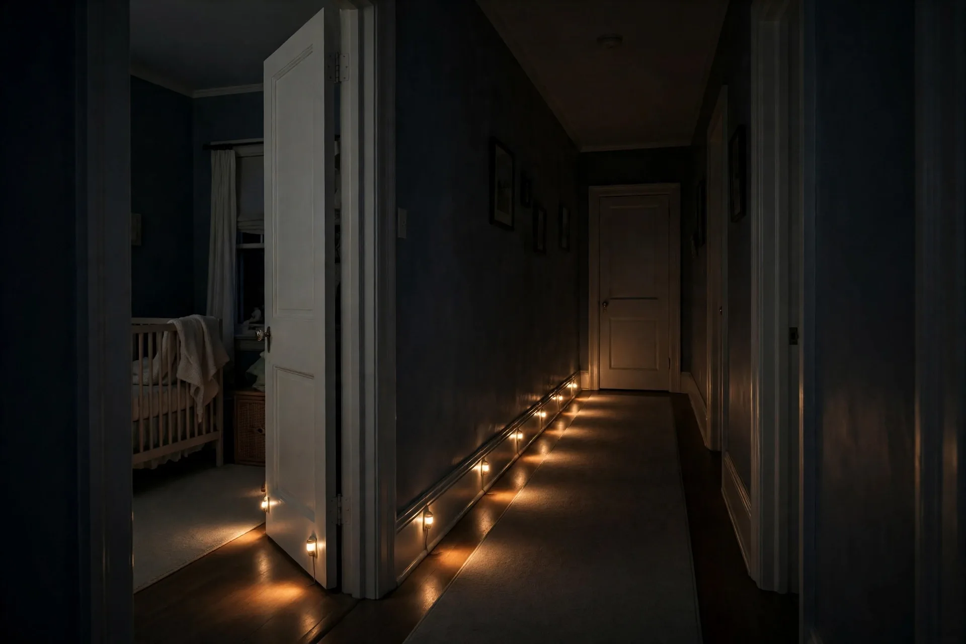 A nursery hallway at night with a soft trail of tiny warm plug-in night lights leading toward the bedroom