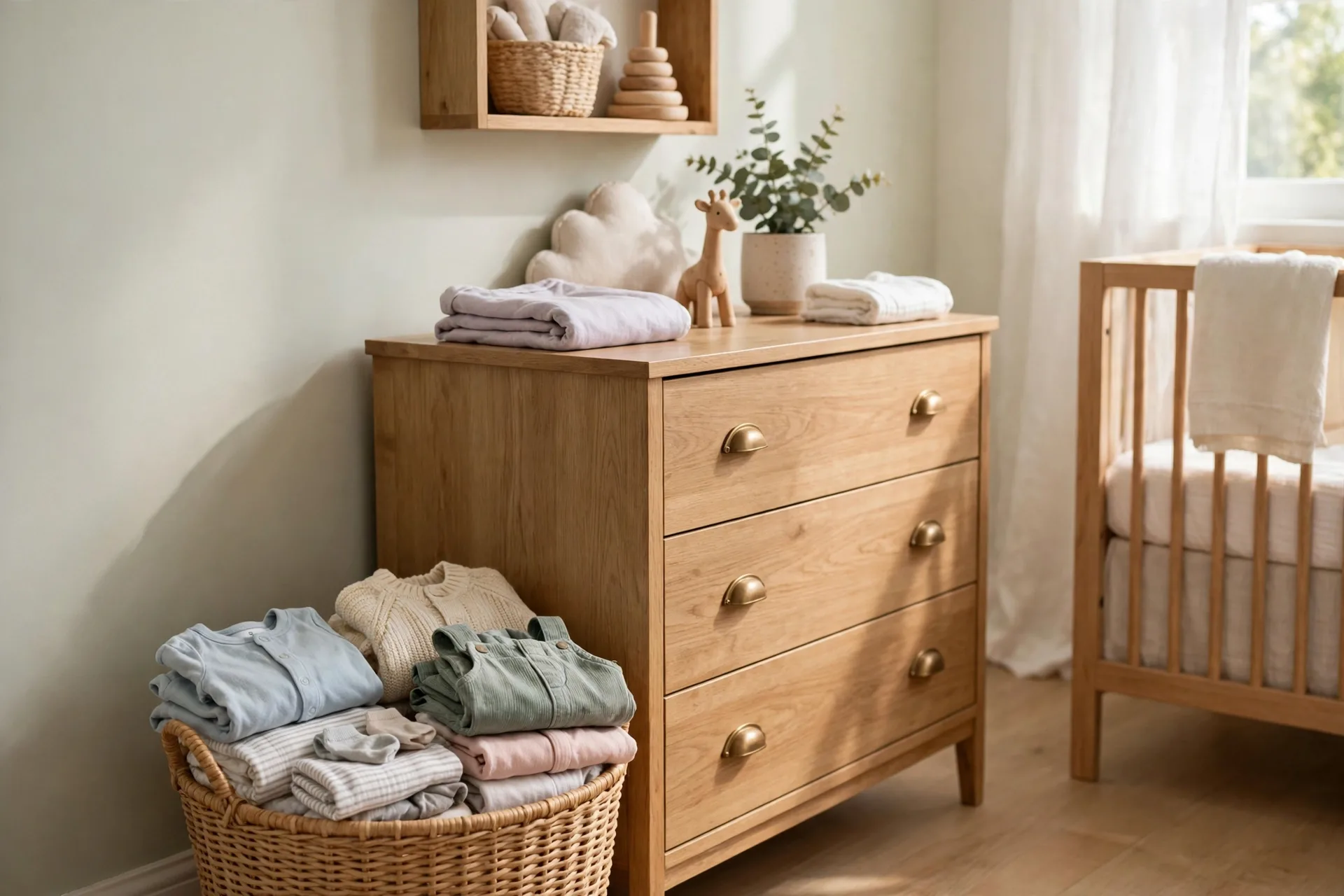 A small laundry basket inside a nursery holding outgrown baby clothes
