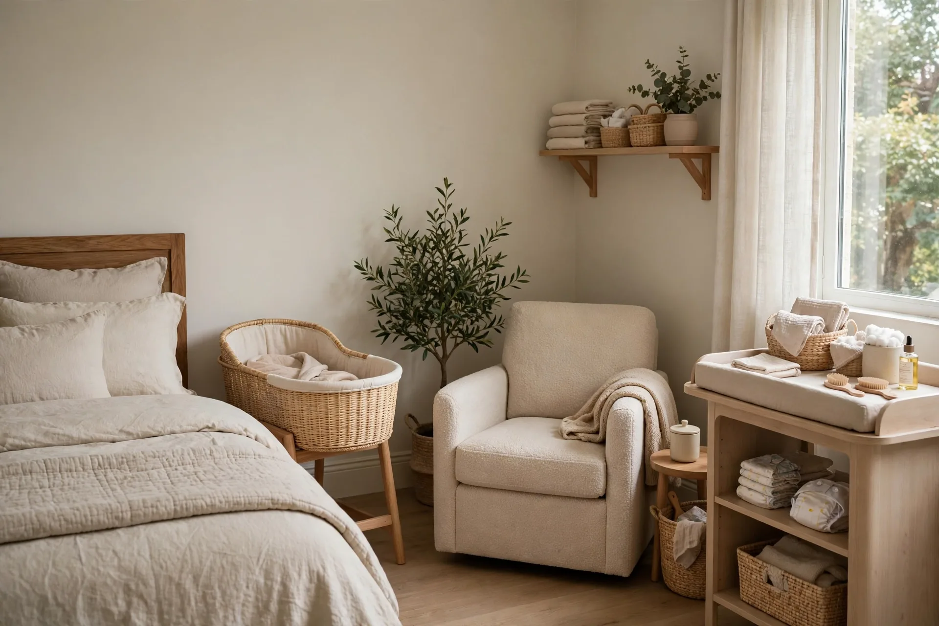 A parent's bedroom corner set up as a nursery with a bassinet beside the bed, a chair and a changing setup nearby
