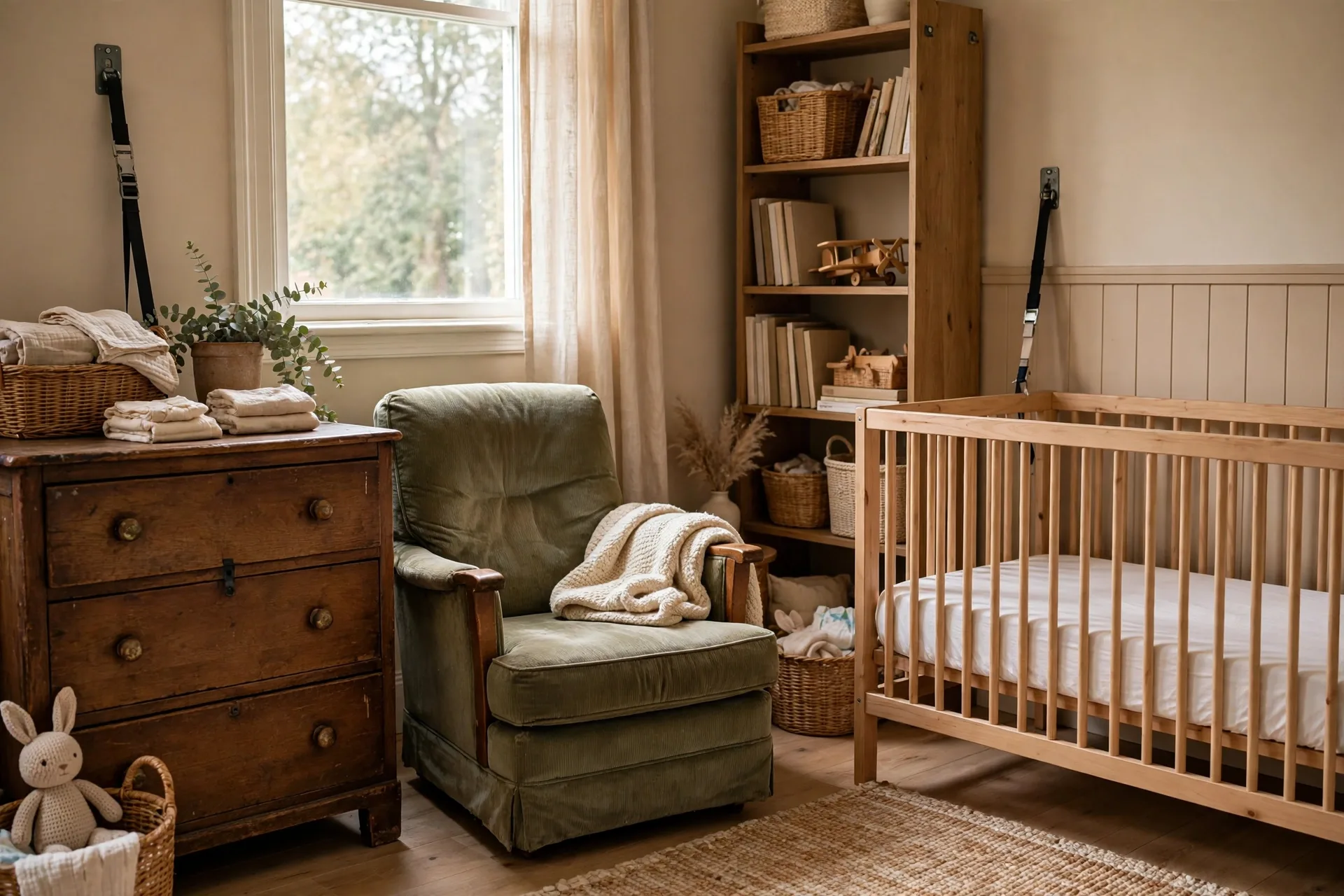 A nursery with preloved furniture, a sturdy secondhand dresser and chair and a new crib mattress