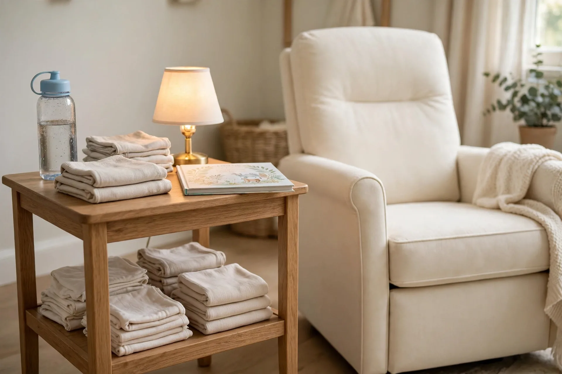 A nursery side table beside a nursing chair with a water bottle, burp cloths, a small warm lamp and a book