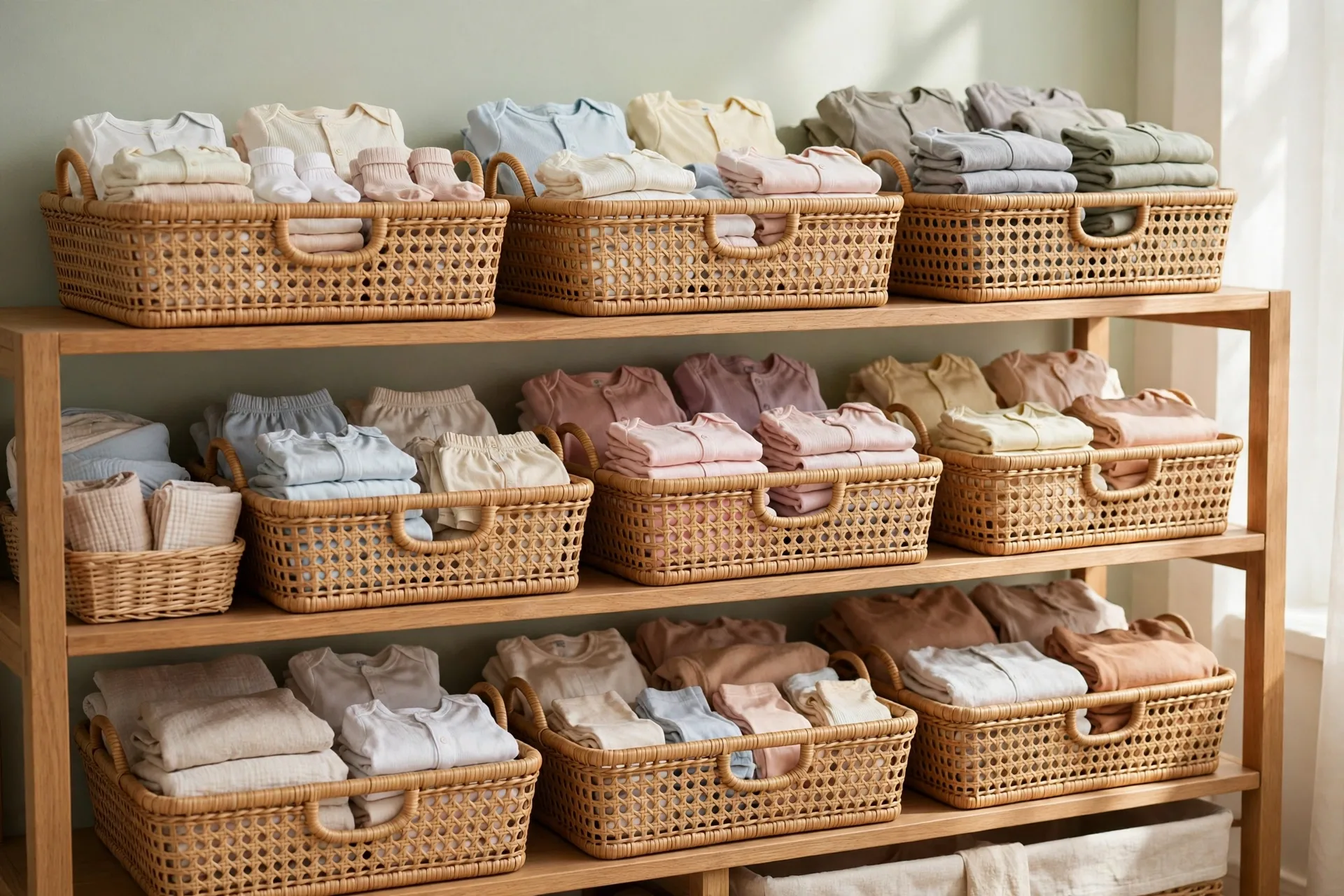 Open nursery baskets on shelves with baby clothes sorted by size