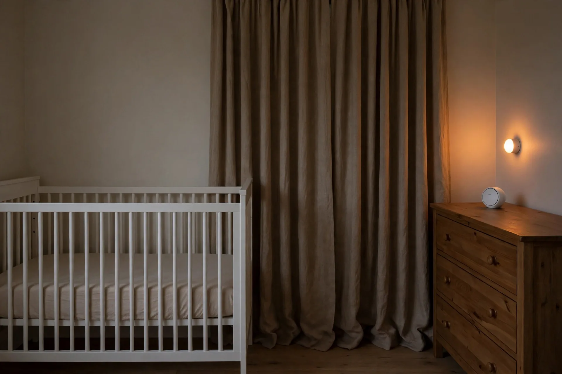 Dim nursery sleep zone with an empty white crib with a fitted sheet, drawn blackout curtains, a white noise machine on a wooden dresser, and a warm amber night light