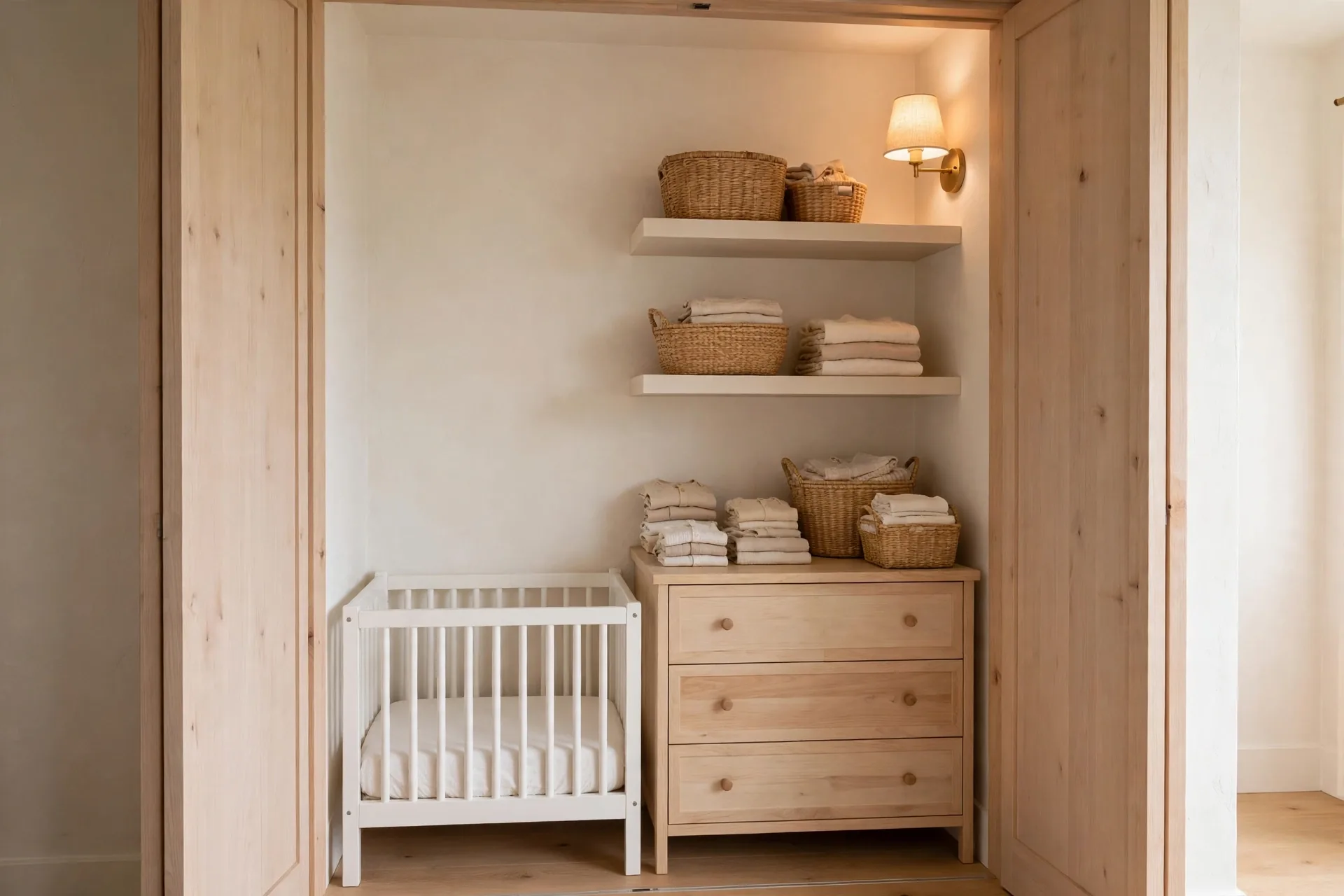 Small-space nursery nook in a converted closet with a white mini crib with a fitted sheet only, floating shelves with baskets and folded clothes, and a compact wooden dresser