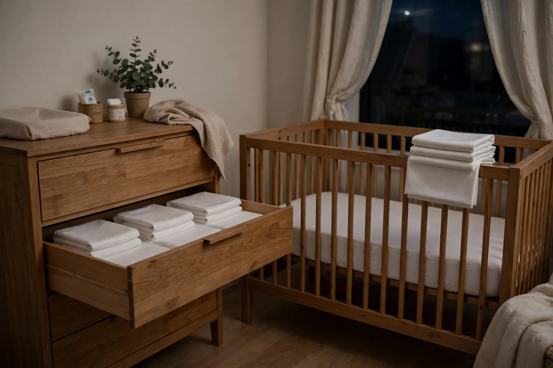 A nursery dresser drawer open showing spare fitted crib sheets folded neatly inside