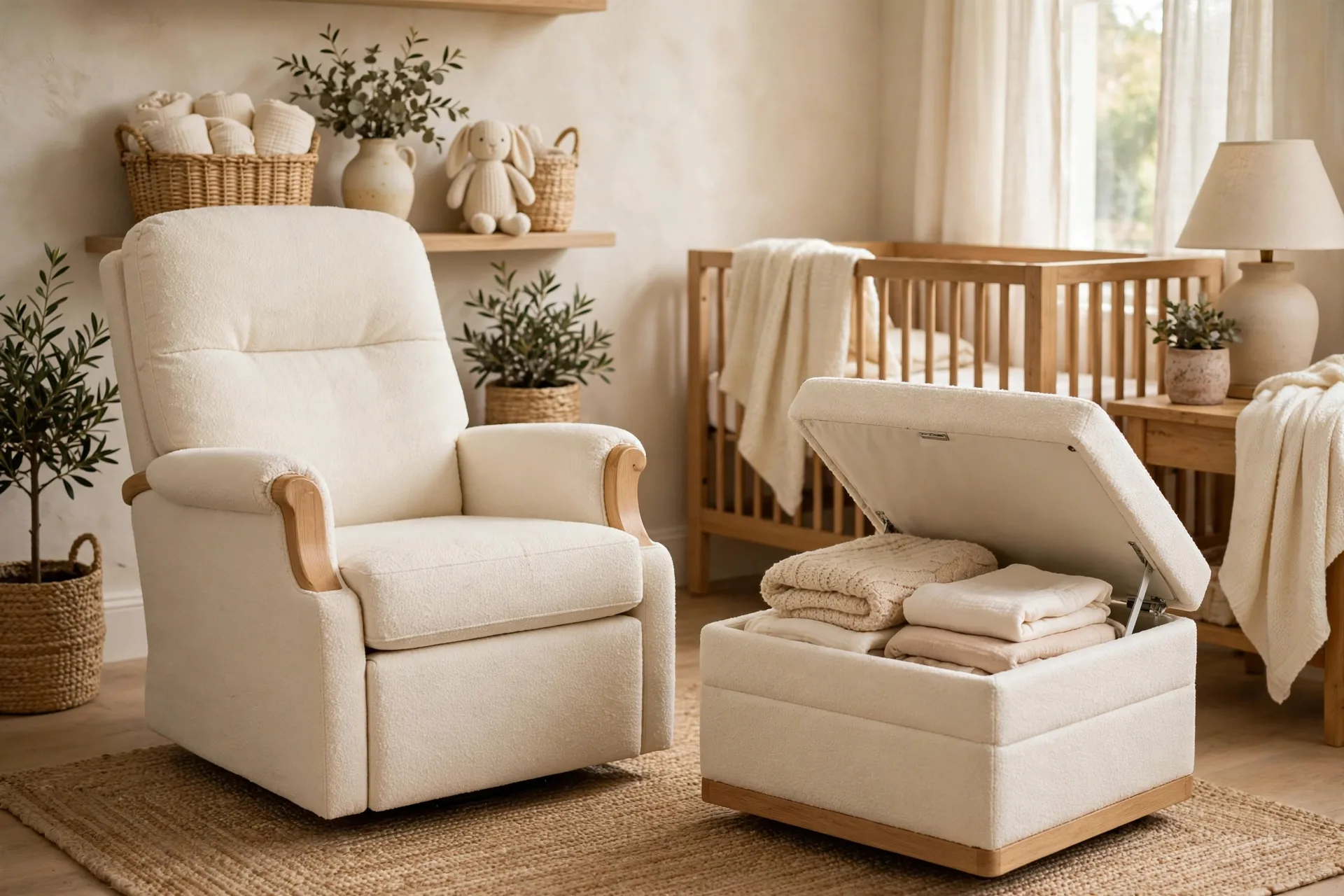 A nursery nursing chair with a footstool with a hinged storage top open showing folded blankets