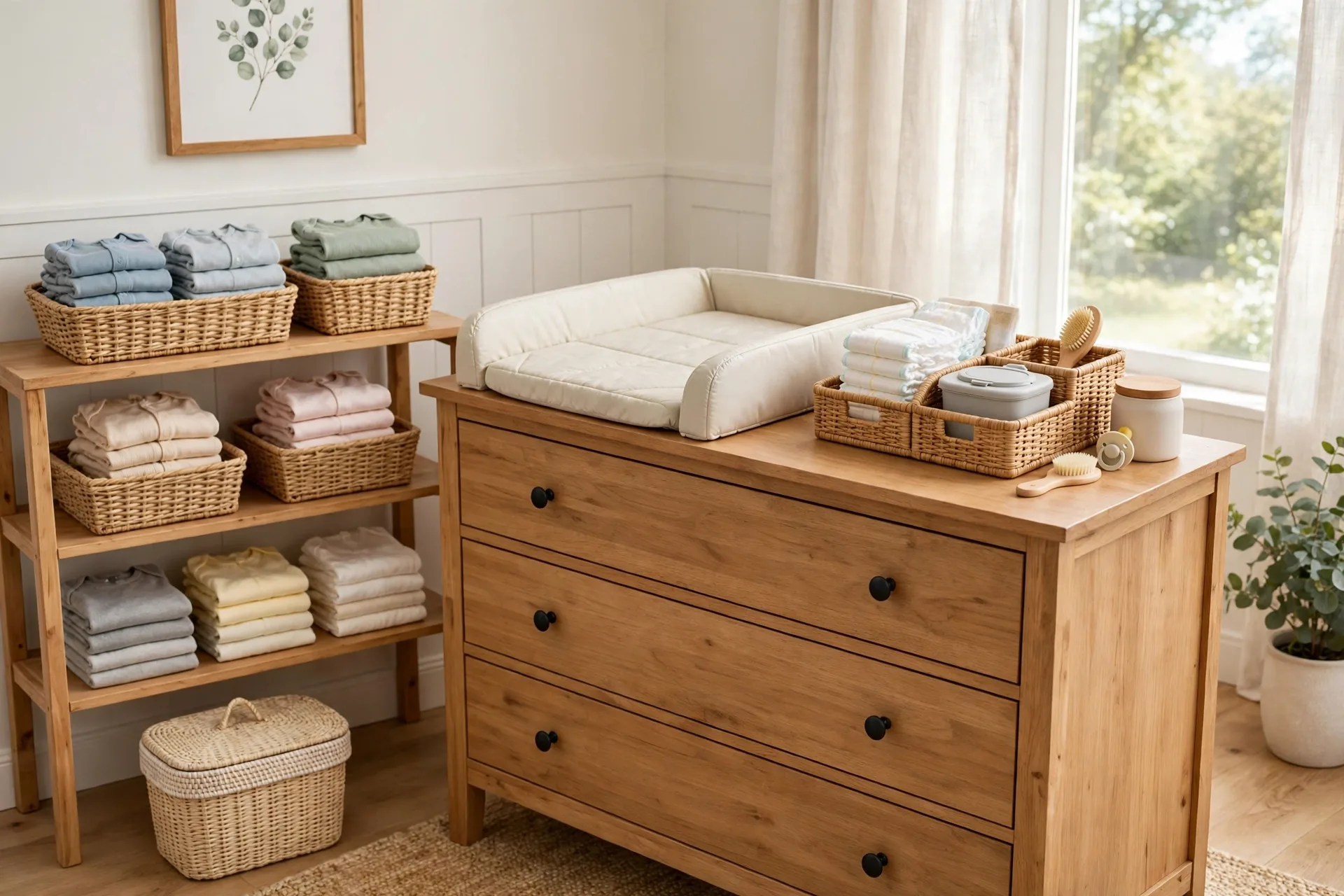 Nursery dresser with a changing pad on top and a caddy of diapers and wipes, beside open shelves with labeled woven baskets of folded baby clothes sorted by size