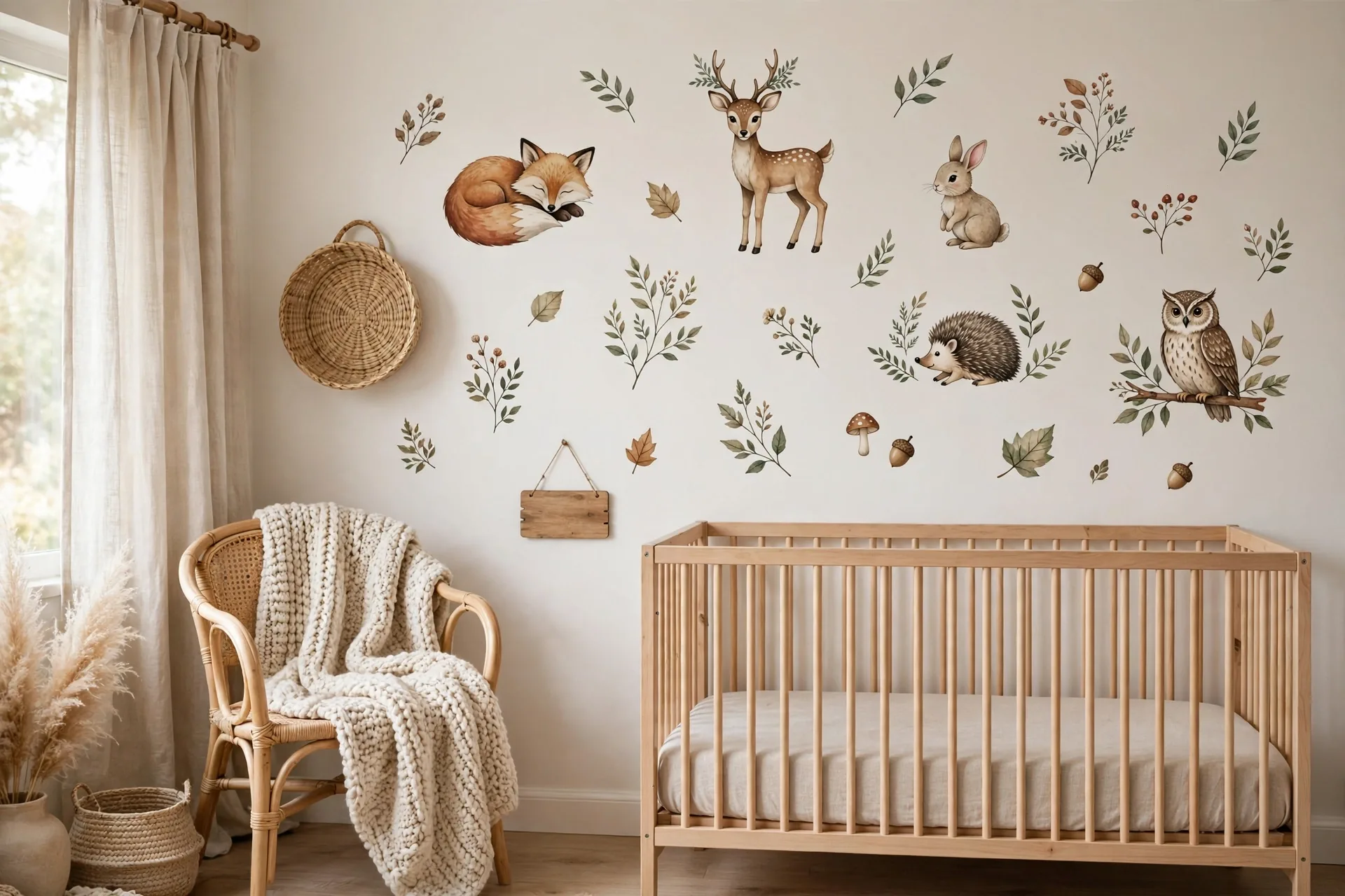 Nursery feature wall with removable woodland animal decals, a light wood crib with a fitted sheet only, a rattan chair with a knit throw, and a small wooden name plaque on the wall beside the crib