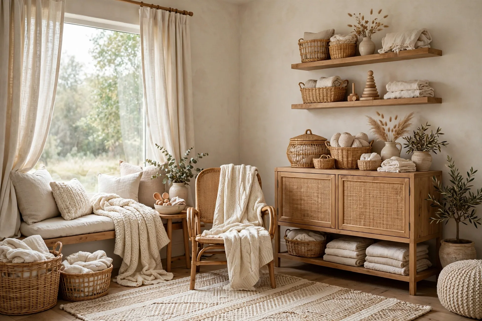 A soft neutral nursery layered with texture, woven rug, knit throw, linen curtains and rattan baskets