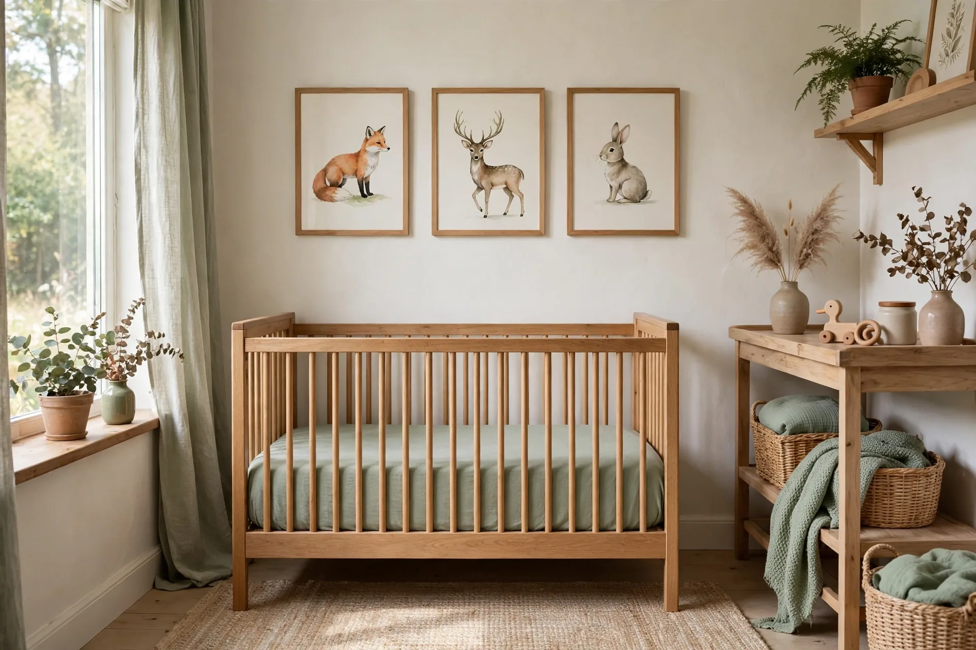 A nursery with light woodland touches in art and textiles, restrained theme, soft neutral colors