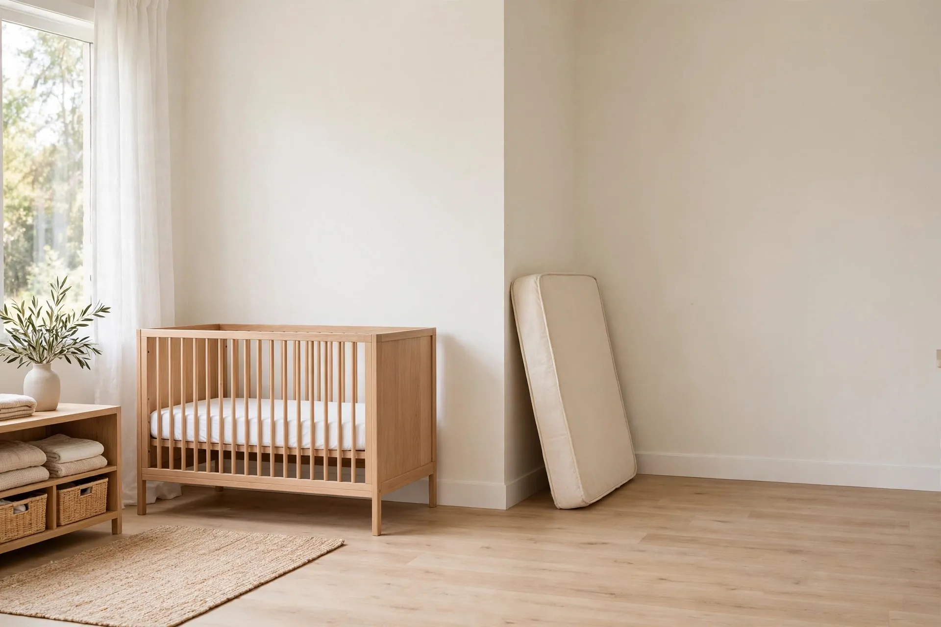 A nursery with one wall left deliberately free beside a crib with fitted sheet only