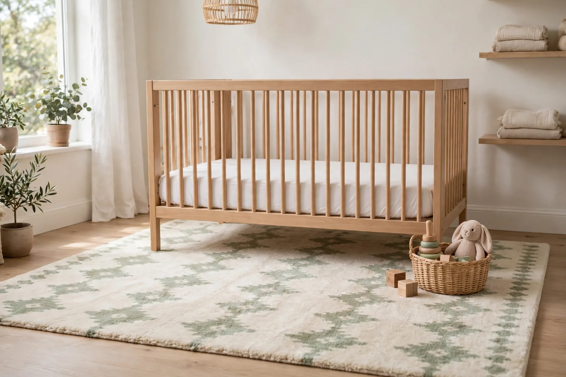 A soft washable nursery rug in cream and sage under a crib with fitted sheet only