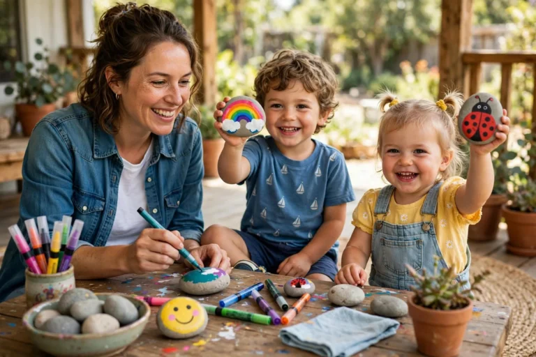 Mom painting smooth river rocks with her two young kids, holding up a rainbow rock and a ladybug rock