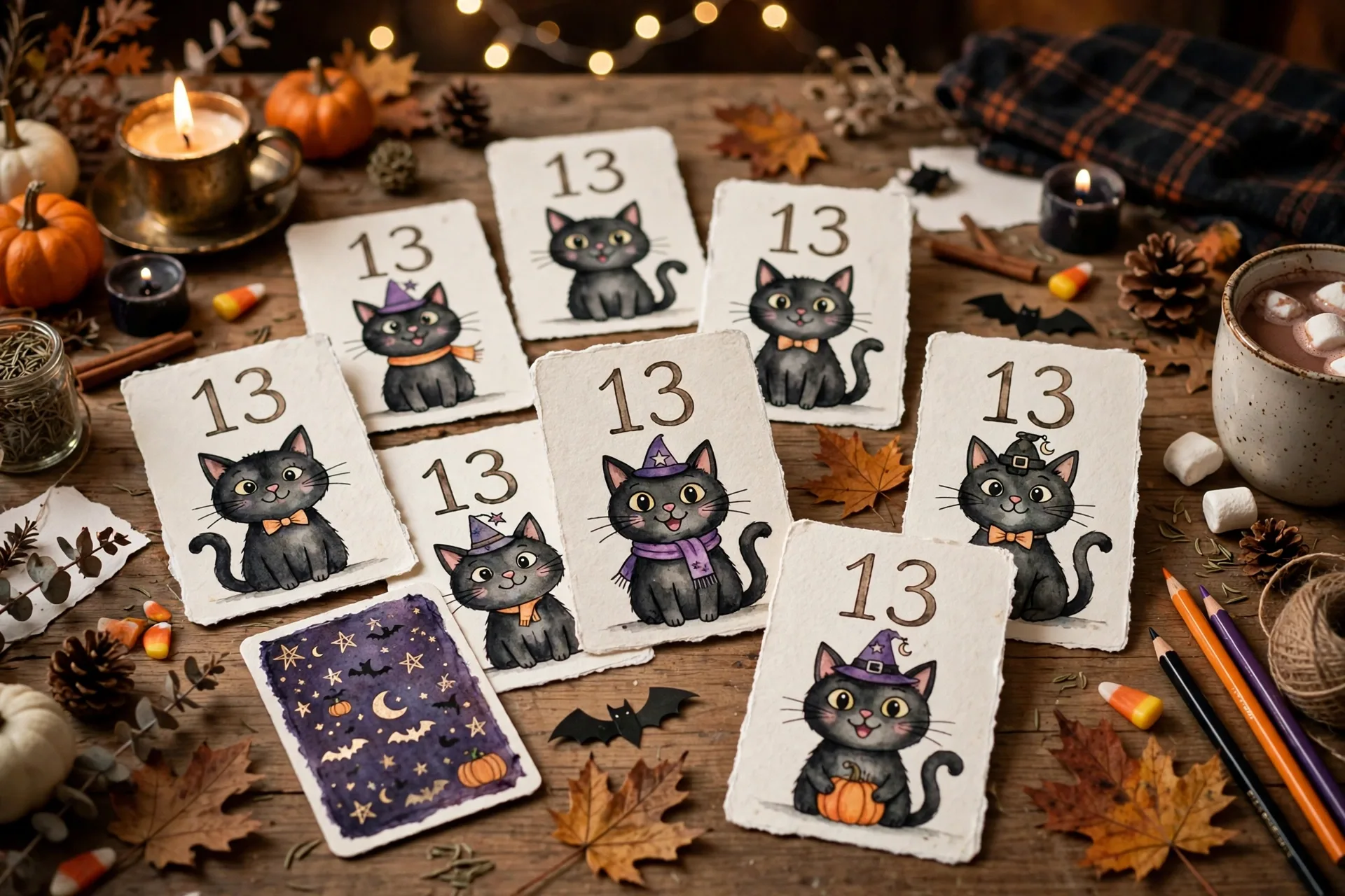 Matching game cards with the number 13 and a black cat on a Halloween game table