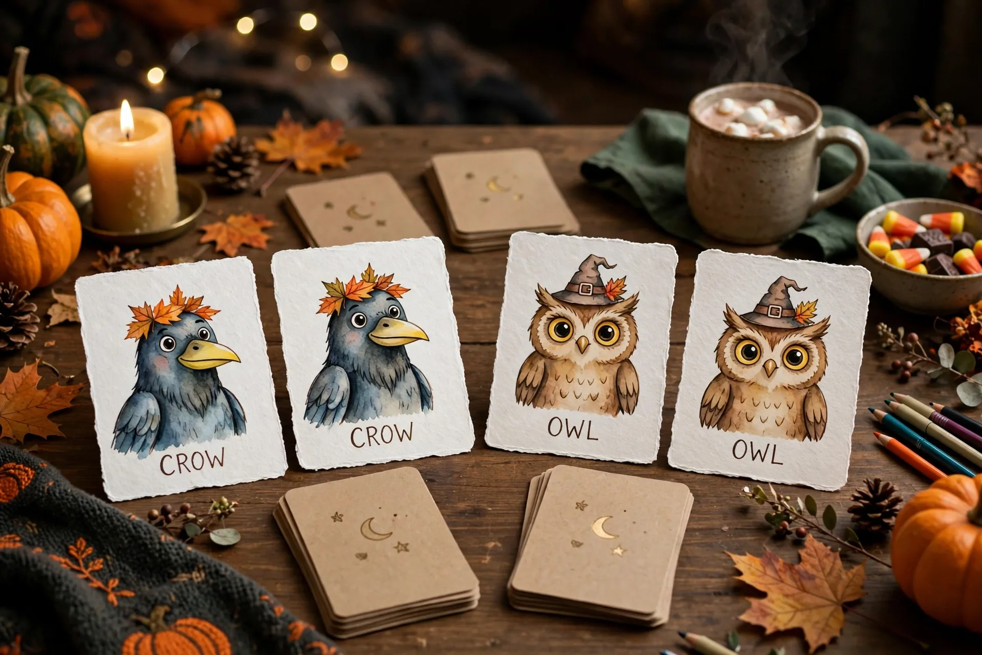 Matching game cards with a friendly crow and owl on a Halloween game night table