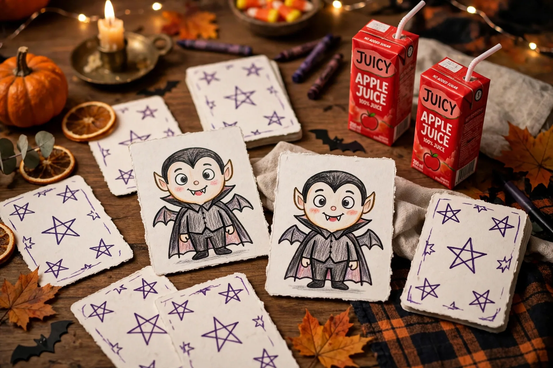 Matching game cards with a friendly cartoon vampire and red juice box, kid-safe and playful