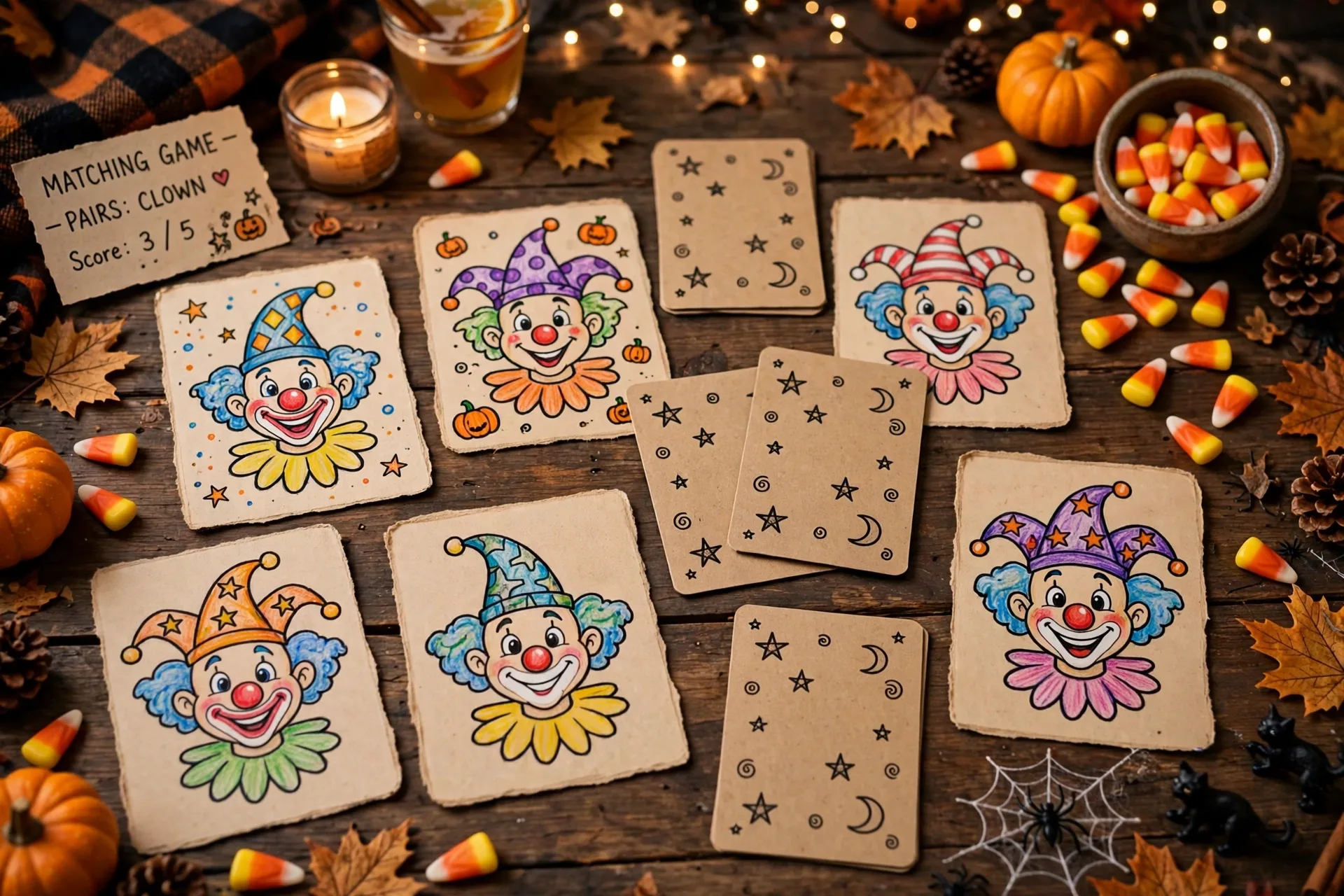 Friendly cartoon clown matching game cards on a Halloween game night table
