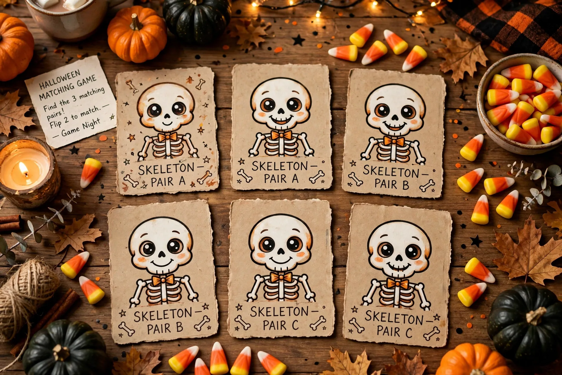 Matching game cards with a friendly cartoon skeleton on a Halloween game night table