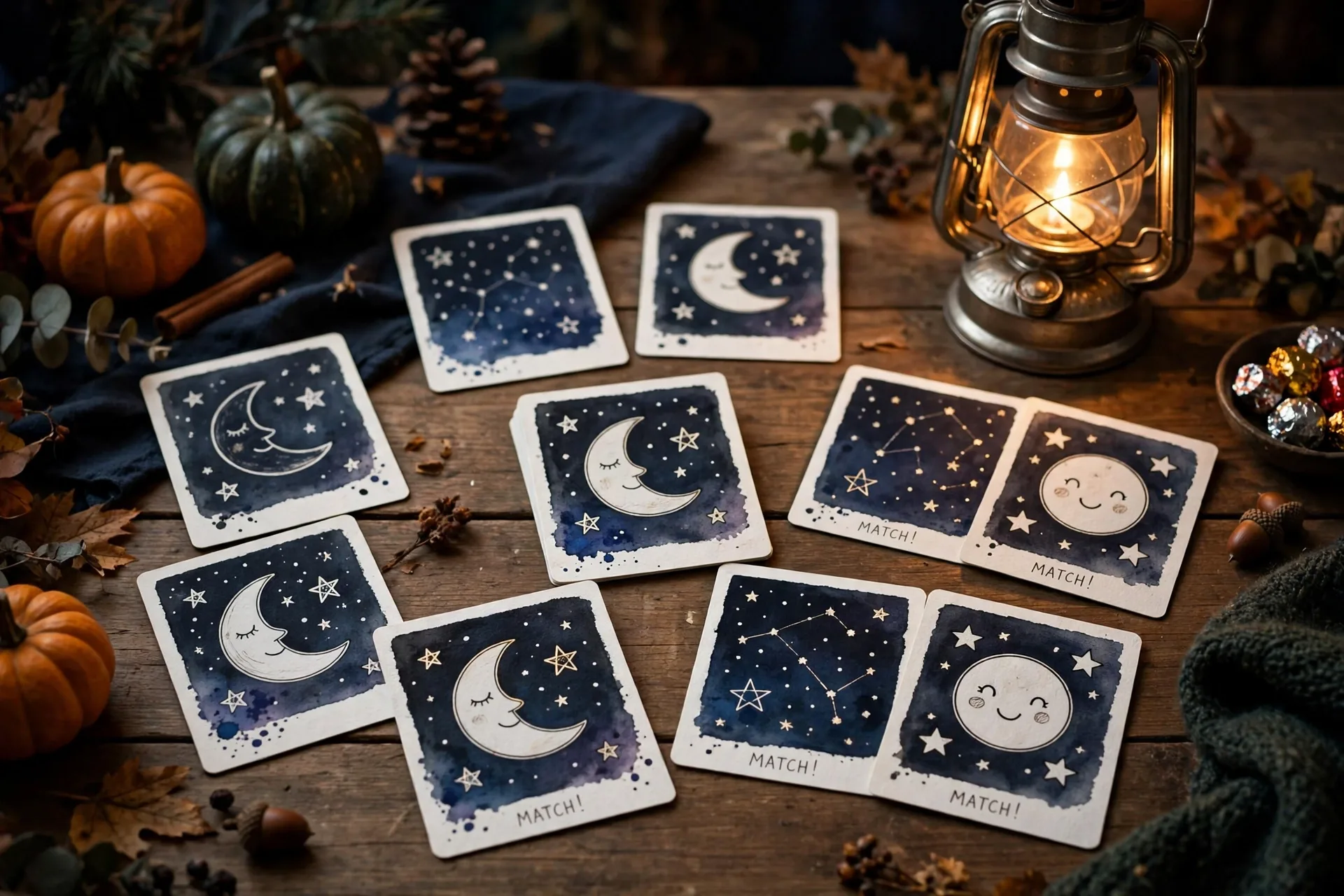Matching game cards showing a dark night sky with a friendly moon and stars