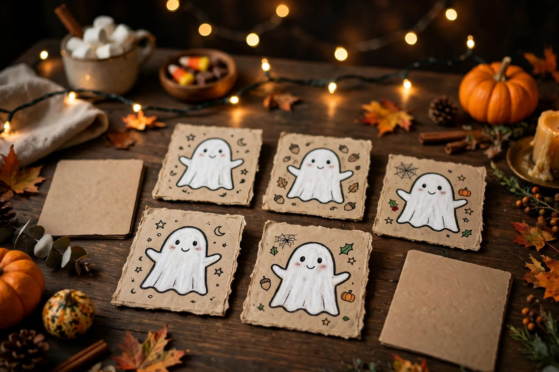 Matching game cards with a friendly white ghost on a Halloween game night table