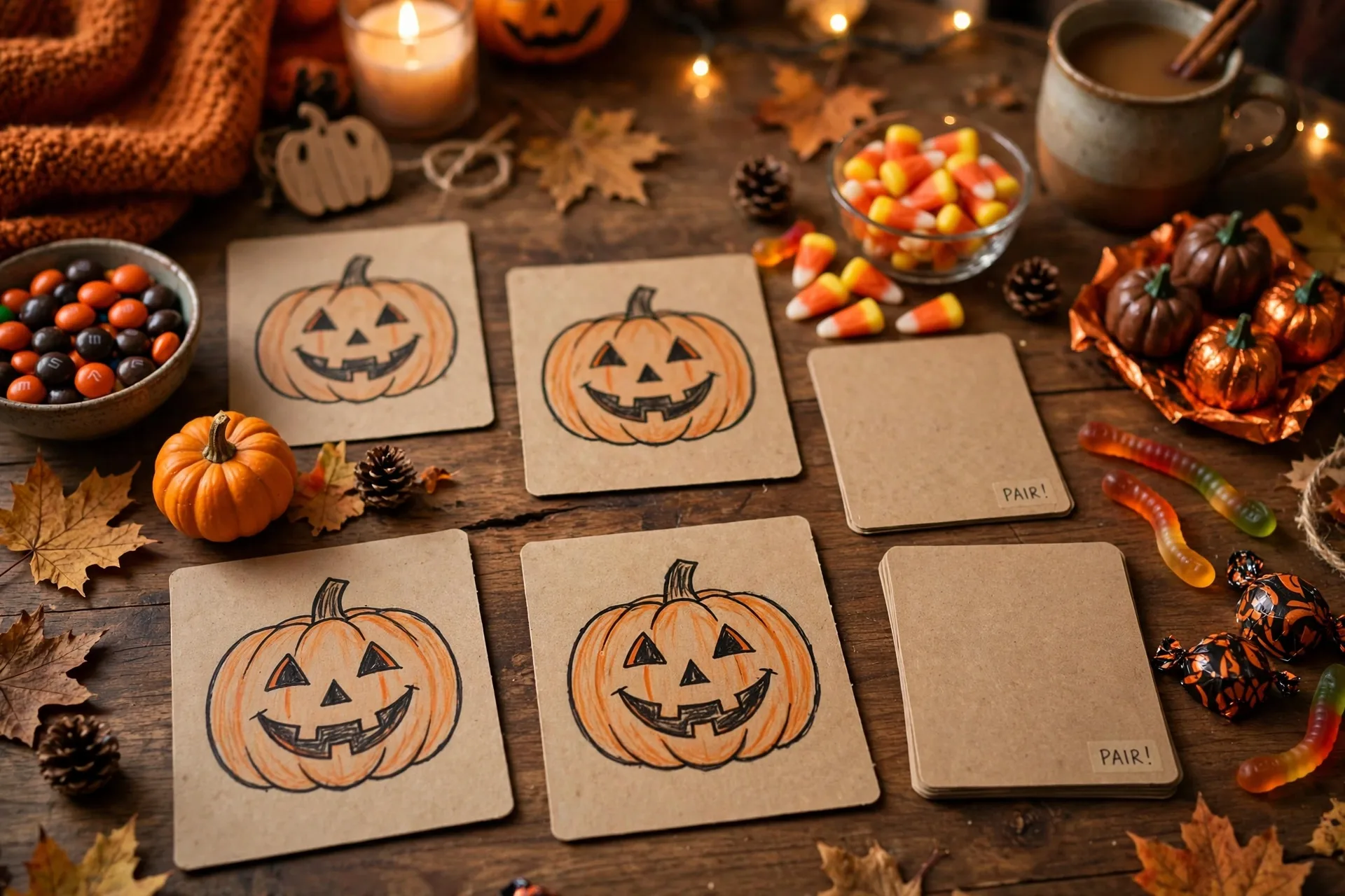 Matching game cards with a jack-o-lantern and Halloween treats on a game night table