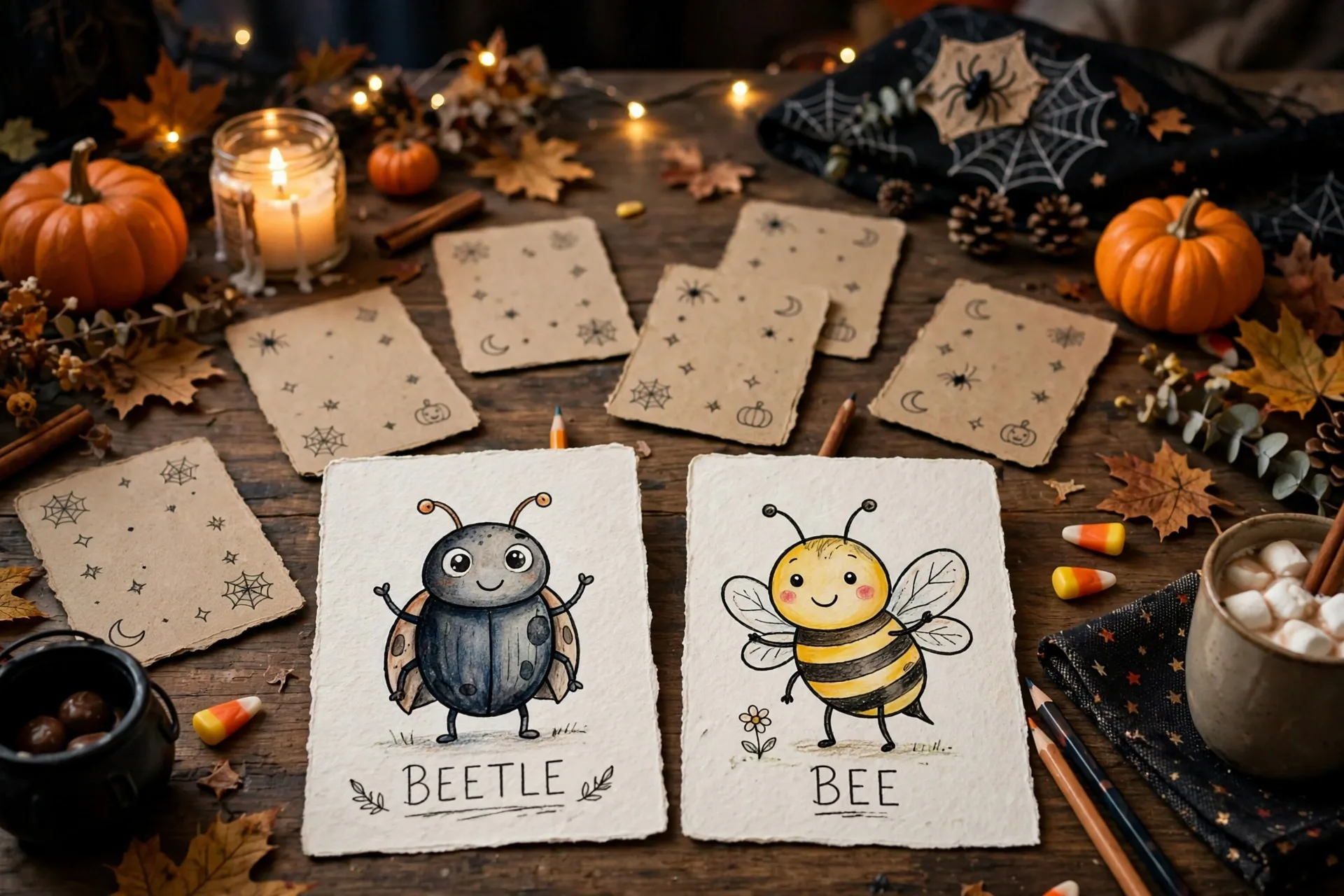 Matching game cards with friendly cartoon insects, a beetle and a bee, on a game table