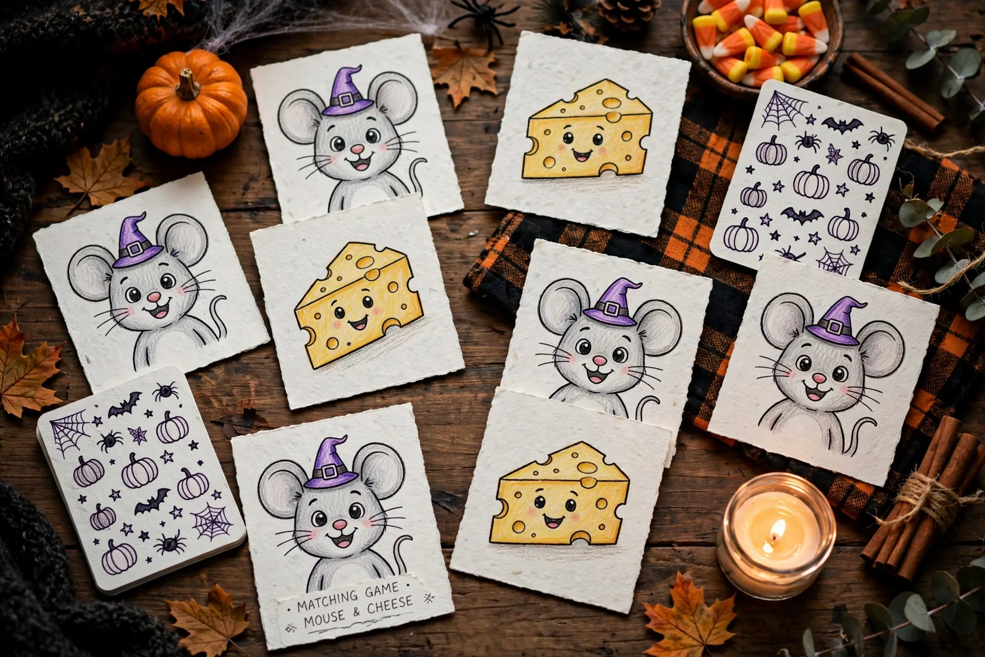 Matching game cards with a cute cartoon mouse and cheese on a game night table