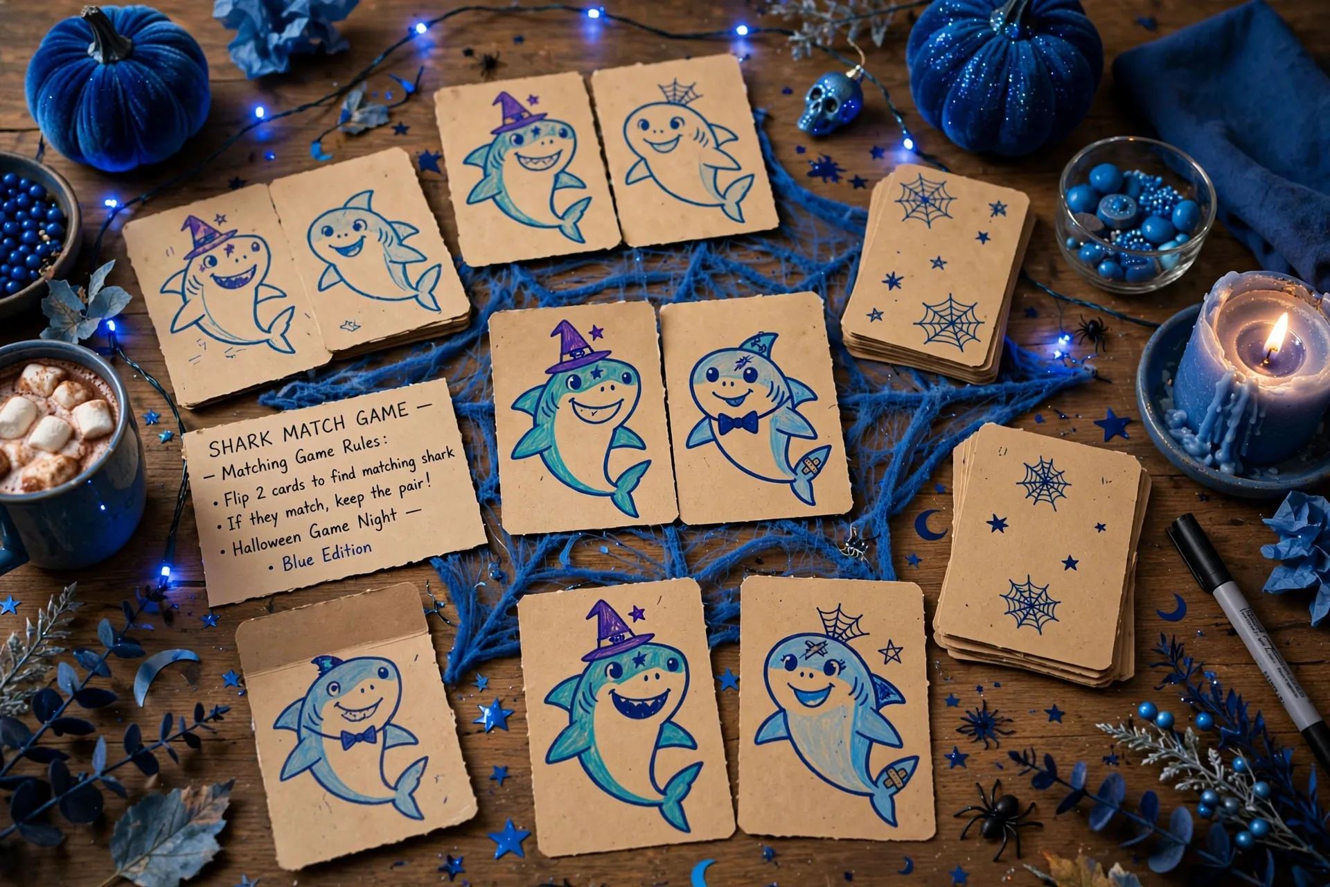 Matching game cards with a friendly cartoon shark on a Halloween game night table