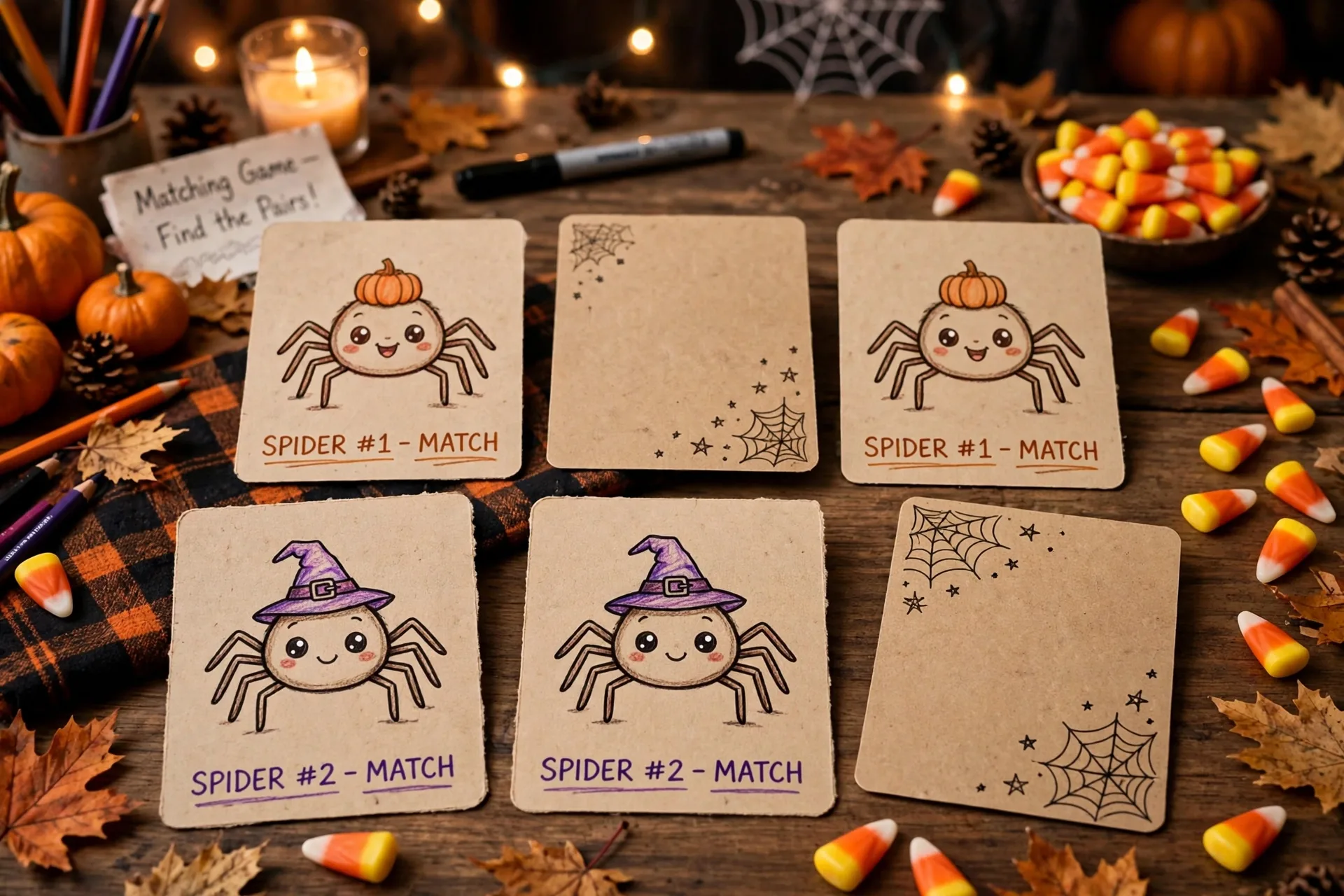 Friendly cartoon spider matching game cards on a Halloween game night table