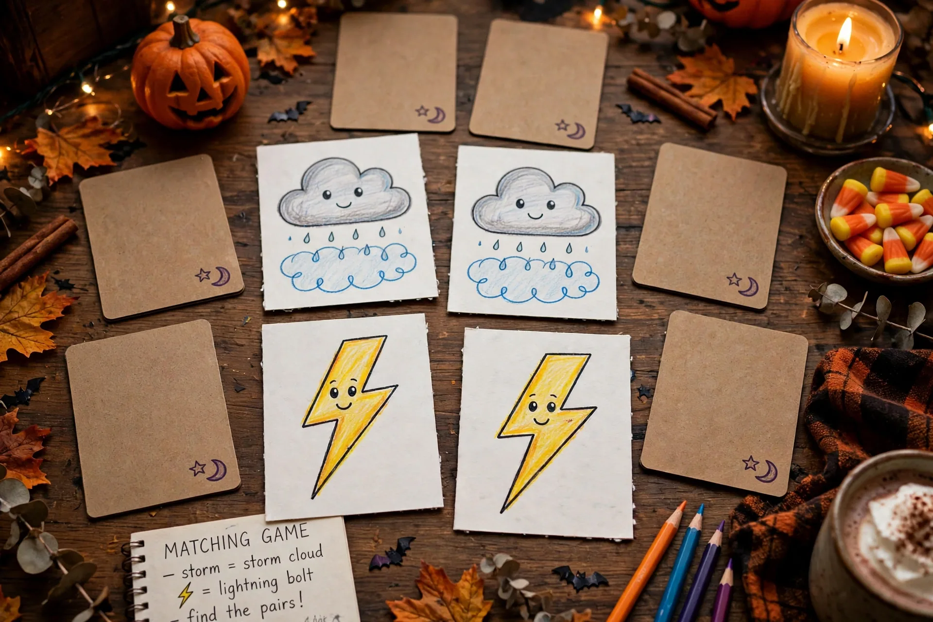 Matching game cards with a lightning bolt and storm cloud on a game night table