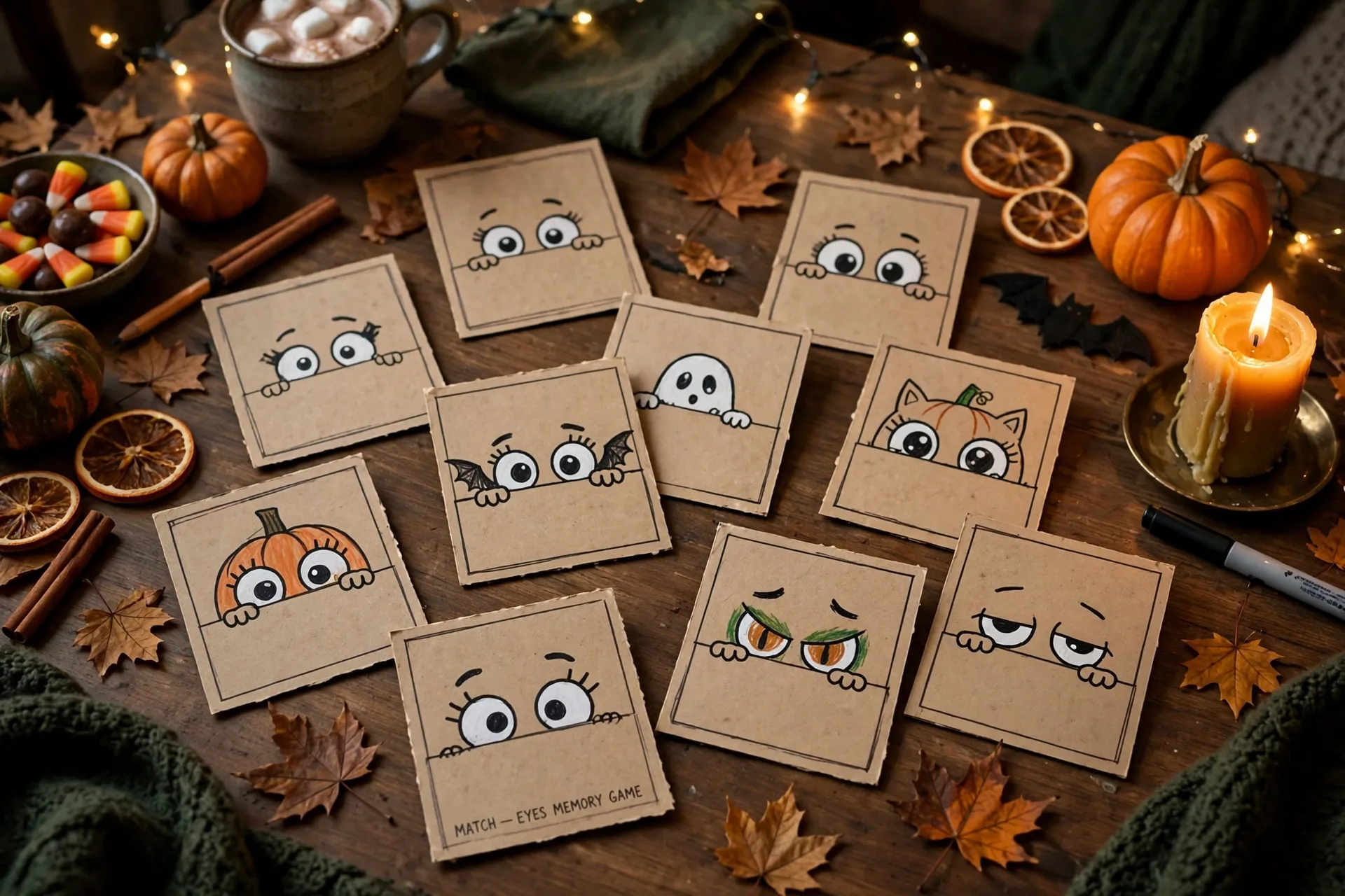 Matching game cards with friendly cartoon eyes peeking on a Halloween game table