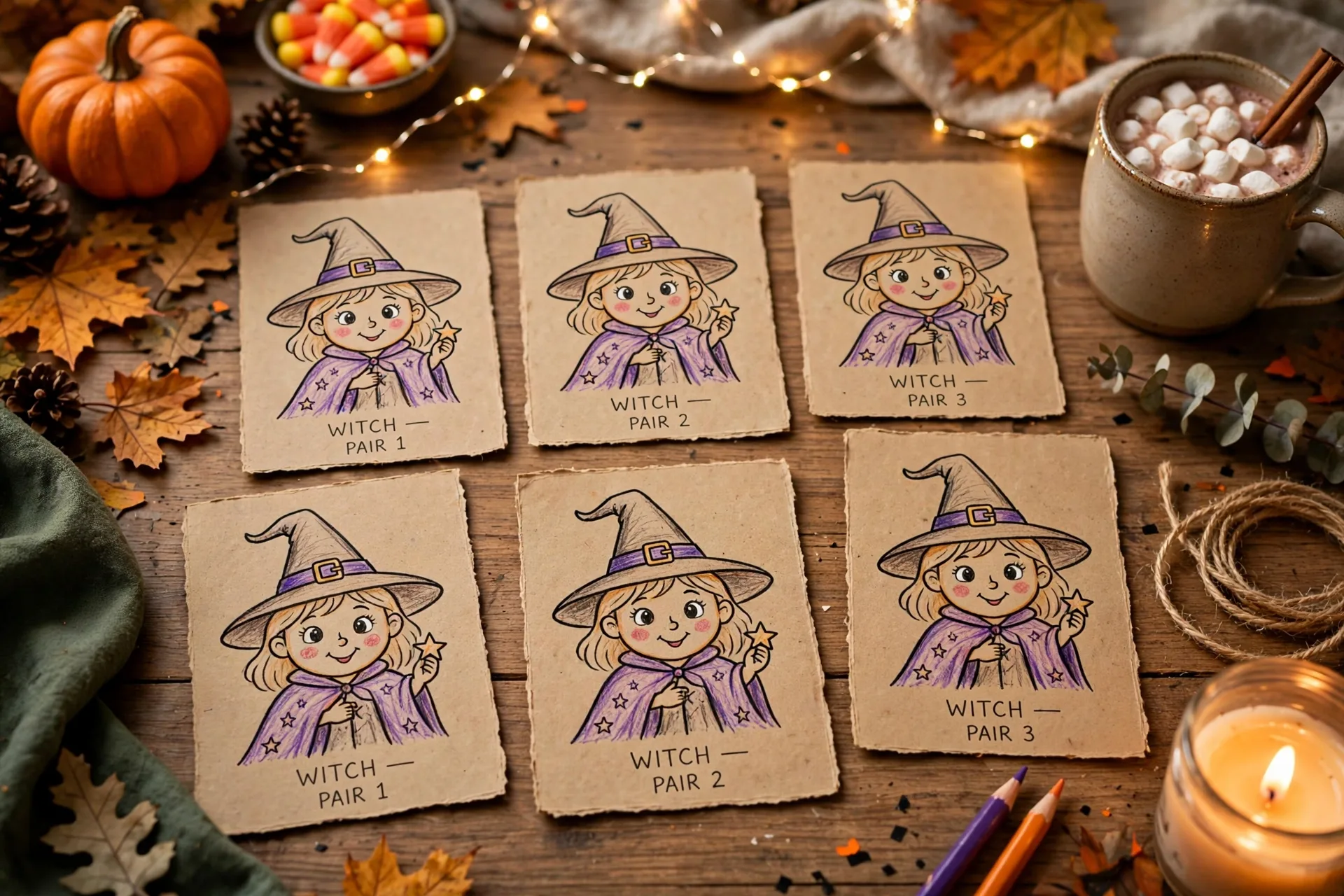 Matching game cards with a friendly cartoon witch and her hat on a game night table