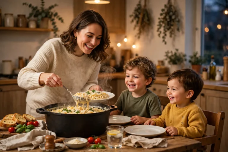 Mom serving creamy pasta from a big pot to her two young kids at the family dinner table