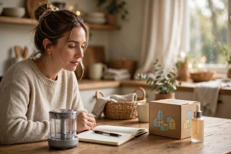 Mom at a kitchen table with a notebook comparing everyday family products before reviewing them
