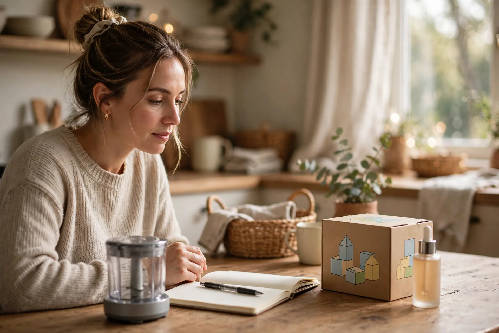 Mom at a kitchen table with a notebook comparing everyday family products before reviewing them