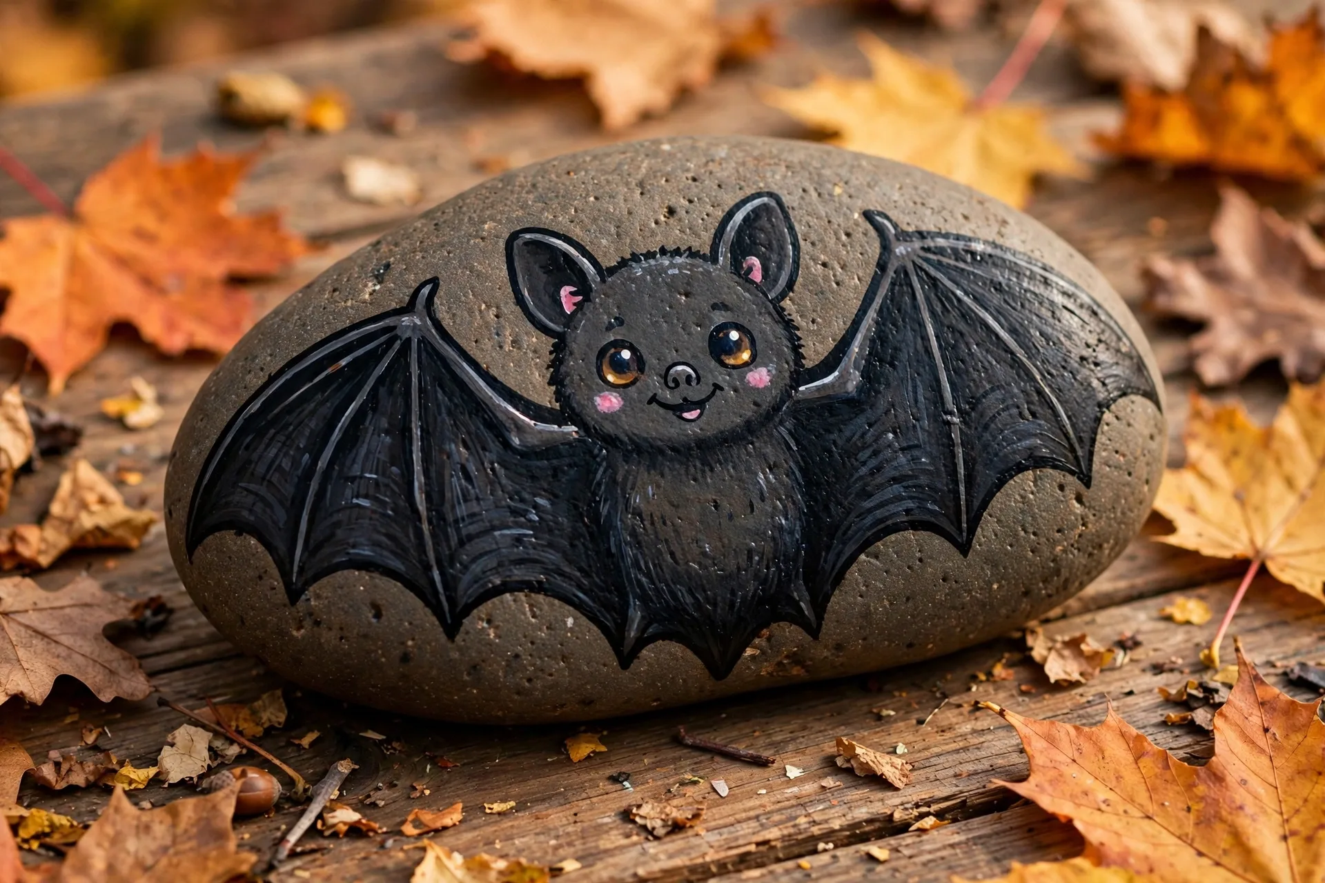 A smooth rock painted as a black bat with wings spread on a table