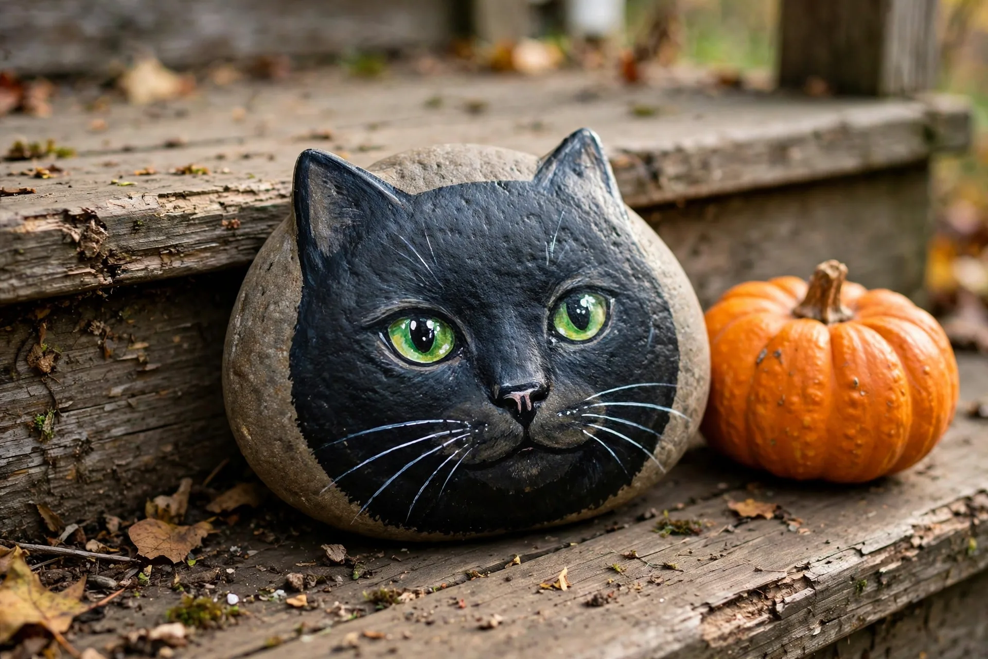 A smooth rock painted as a black cat with green eyes and pointy ears