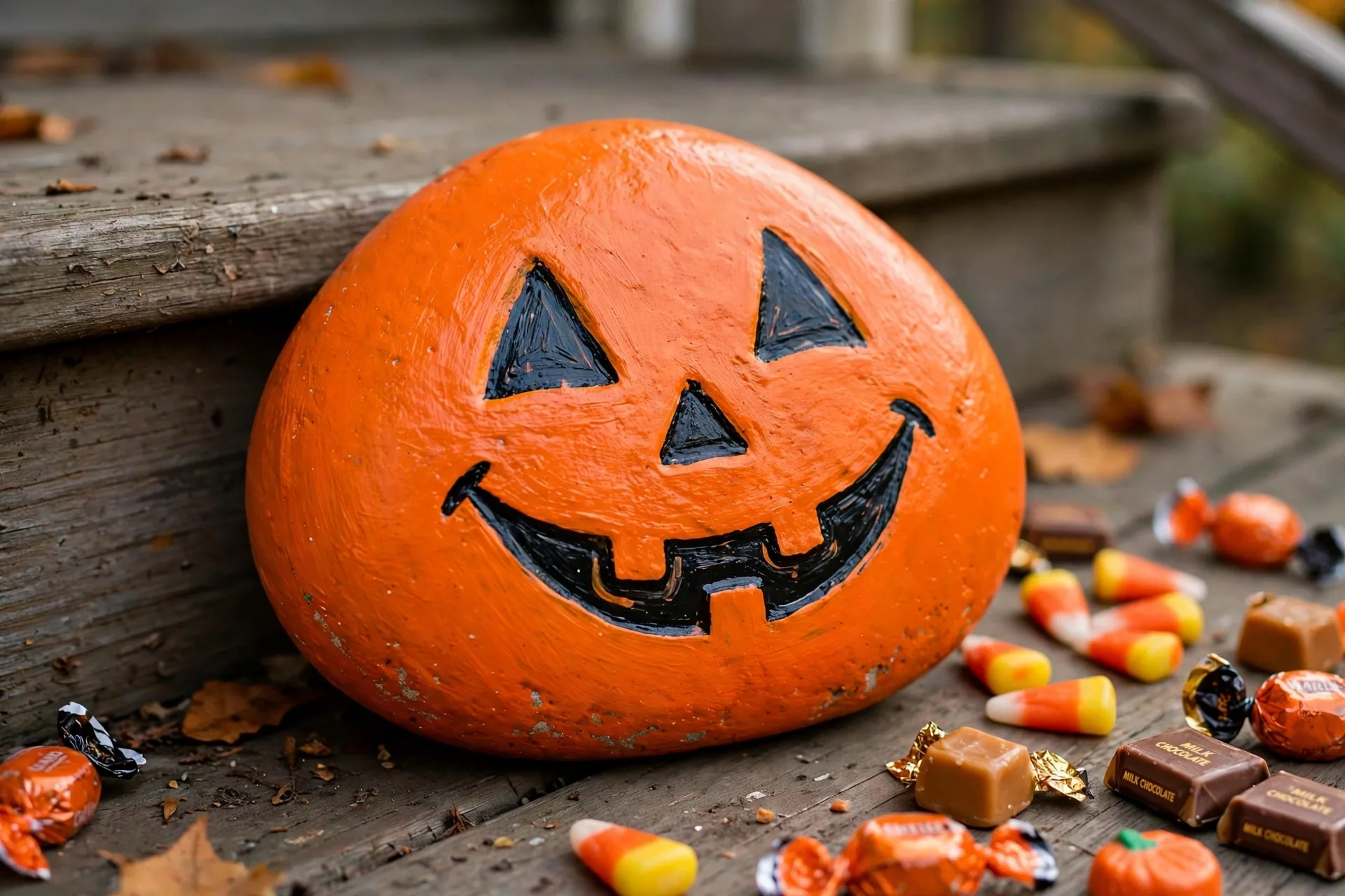 A smooth rock painted as an orange trick-or-treat bucket with a smiling face