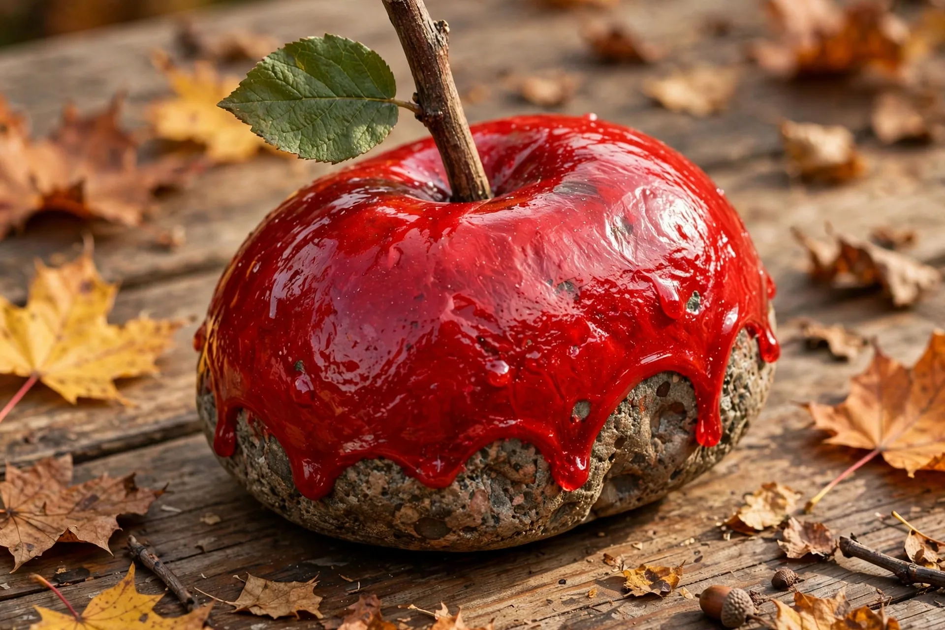 A smooth rock painted as a shiny red candy apple with a stick and green leaf