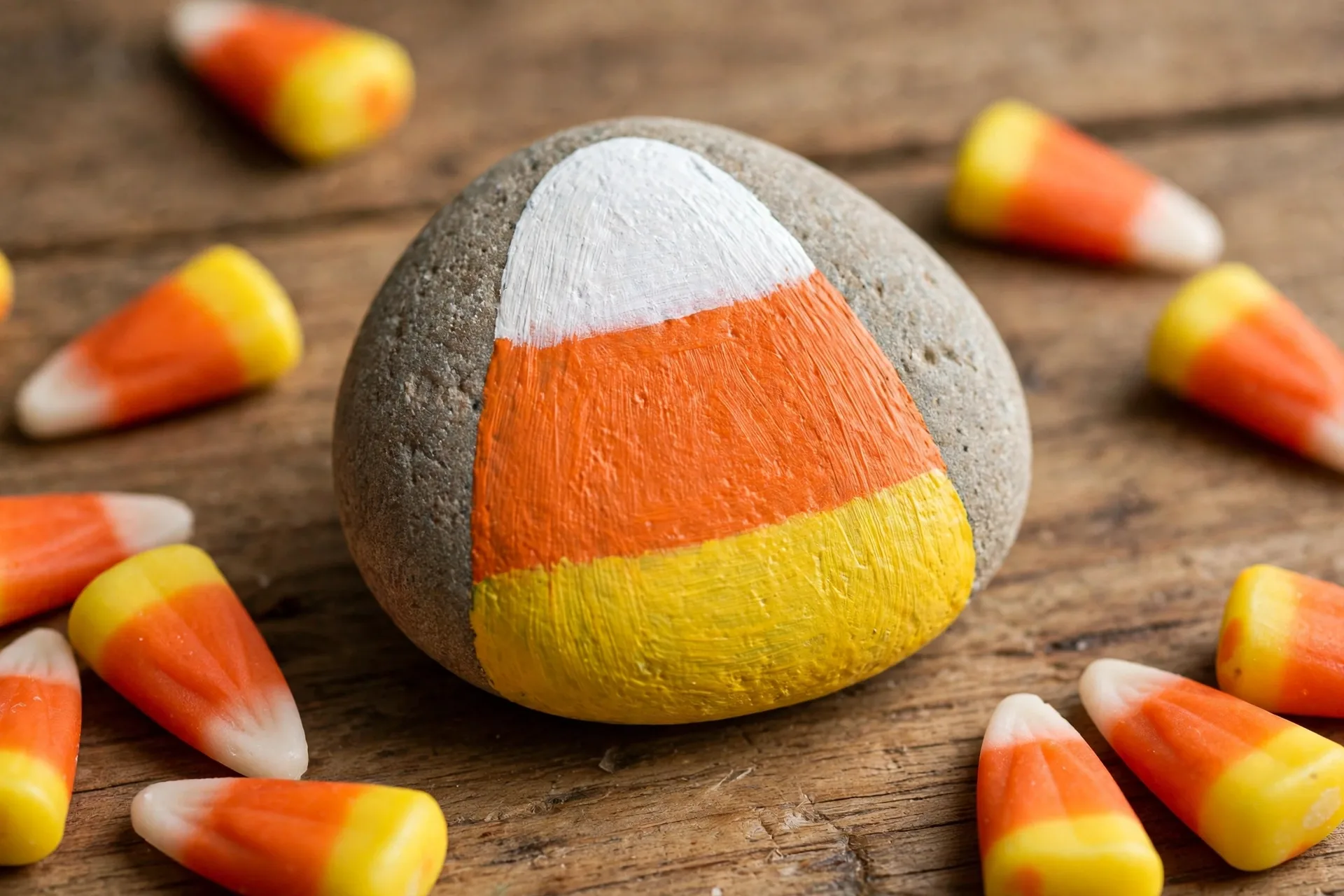A smooth rock painted like a candy corn with white, orange and yellow stripes